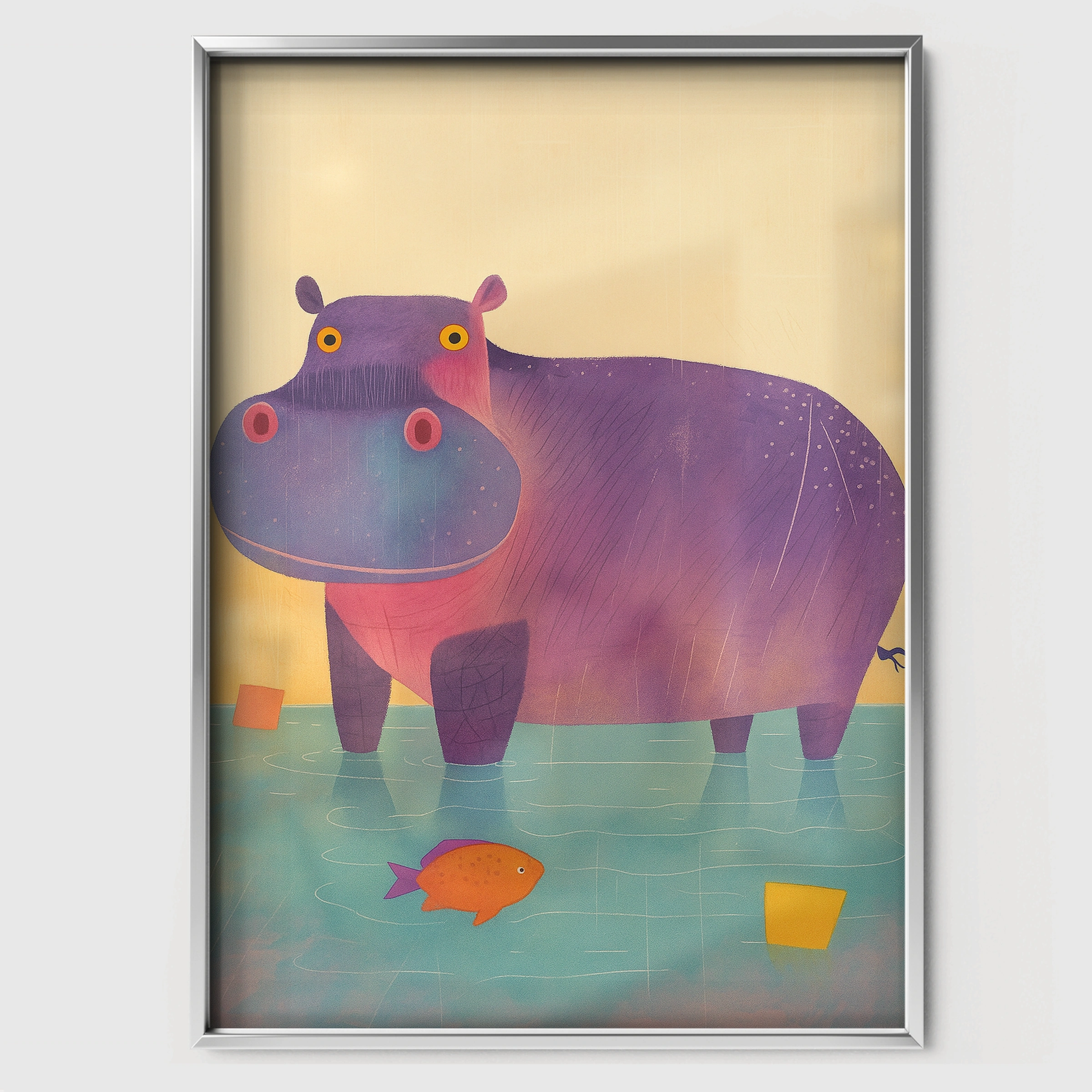 Purple Hippo Nursery Print - white framed nursery wall art print
