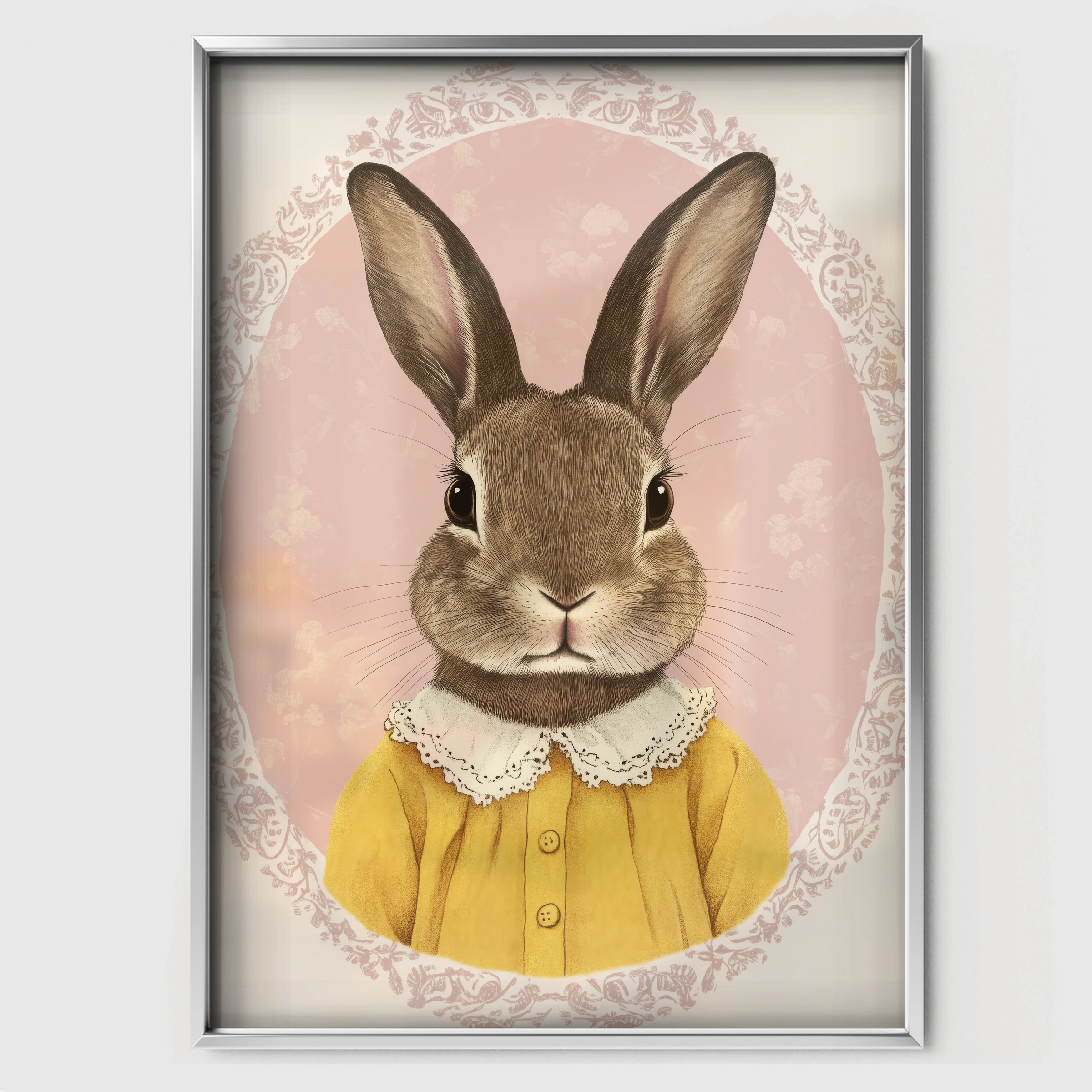 Rabbit Cameo in Yellow Nursery Print - white framed nursery wall art print