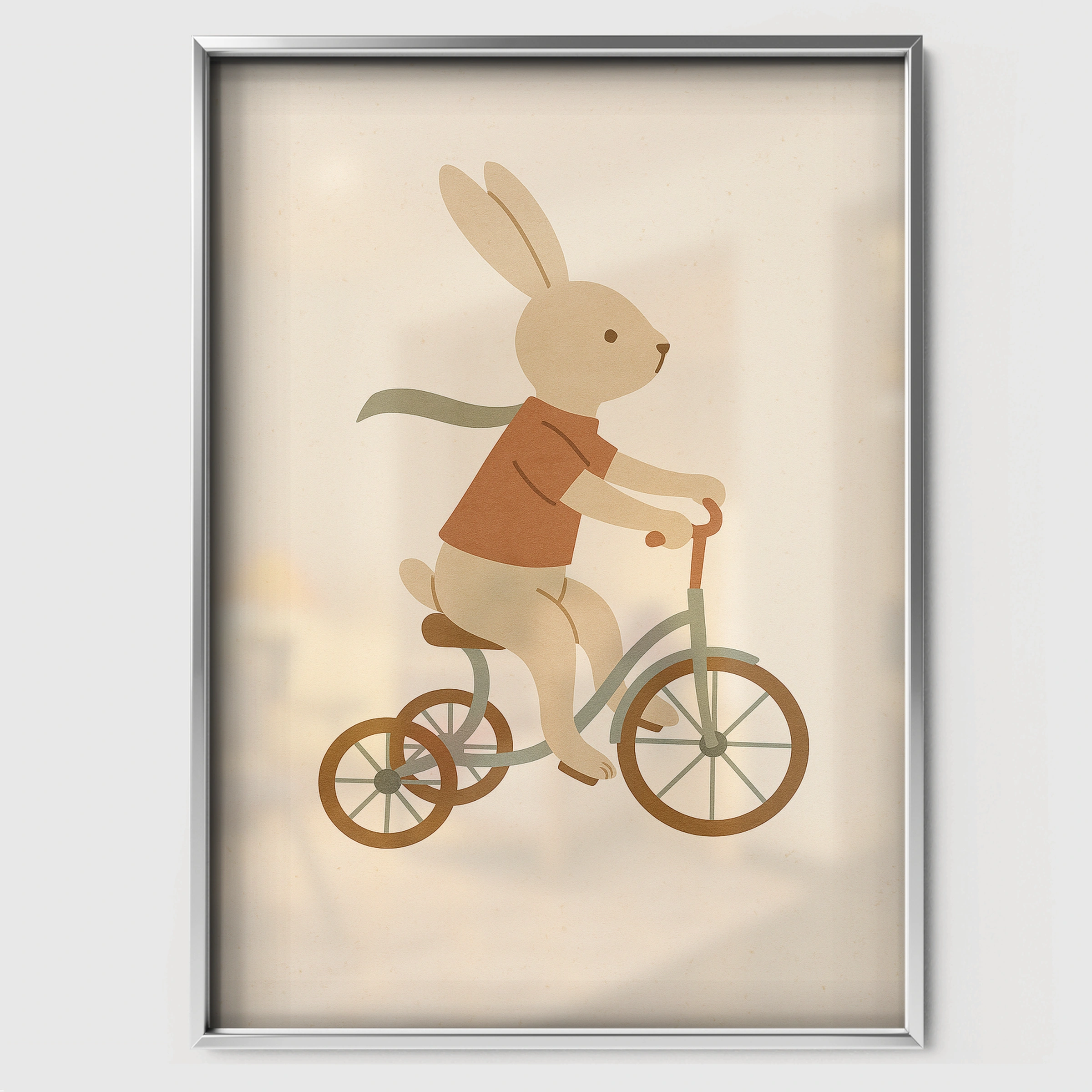 Rabbit Cyclist Nursery Print - white framed nursery wall art print