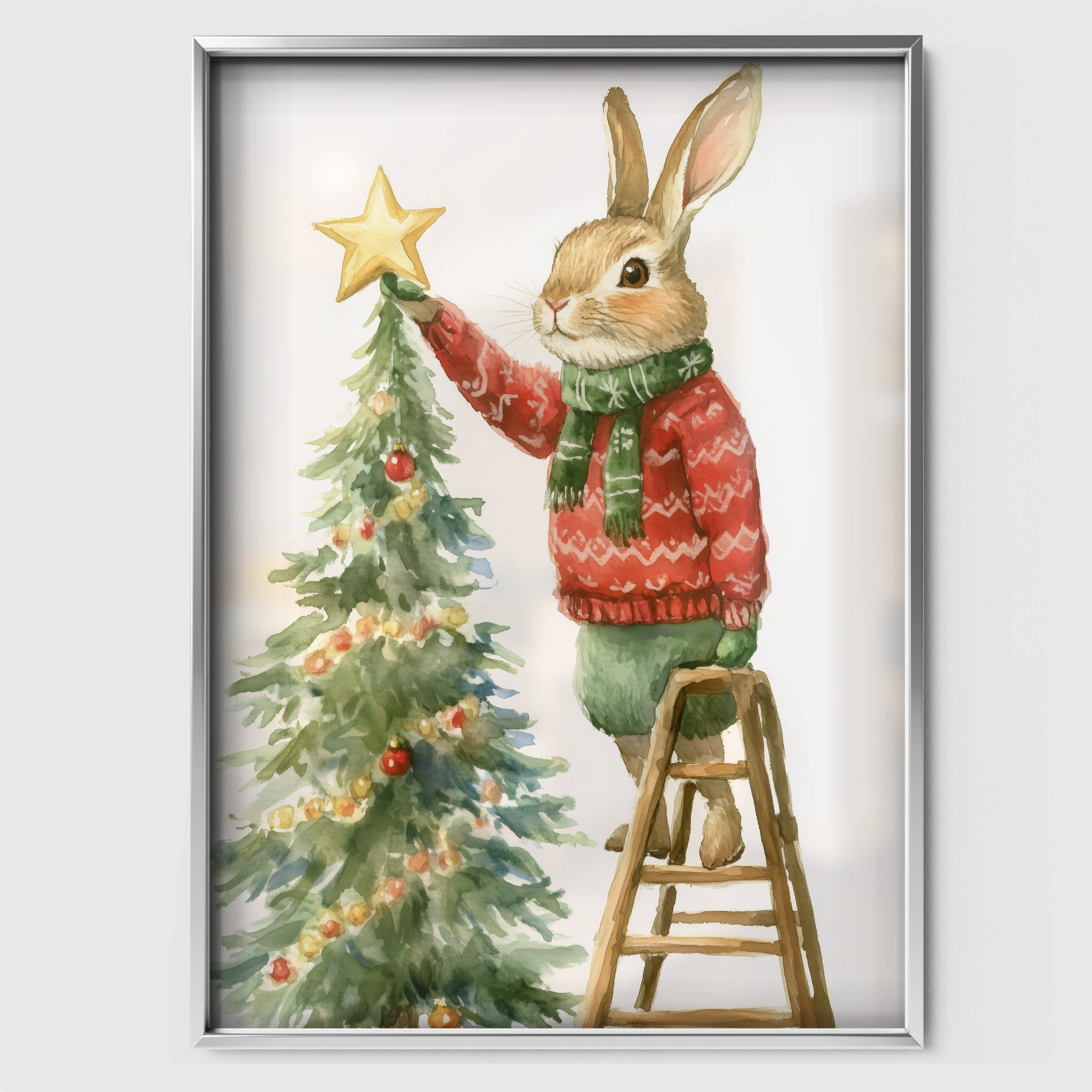 Rabbit Decorating the Tree Christmas Print - white framed nursery wall art print