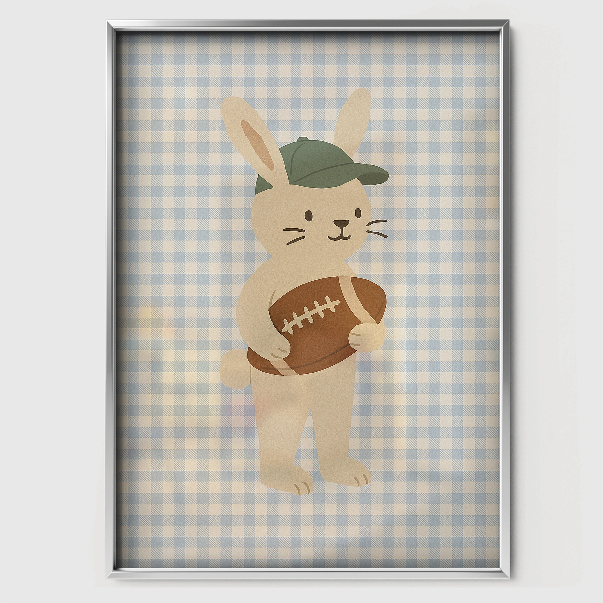 Rabbit Football Player Nursery Print - white framed nursery wall art print