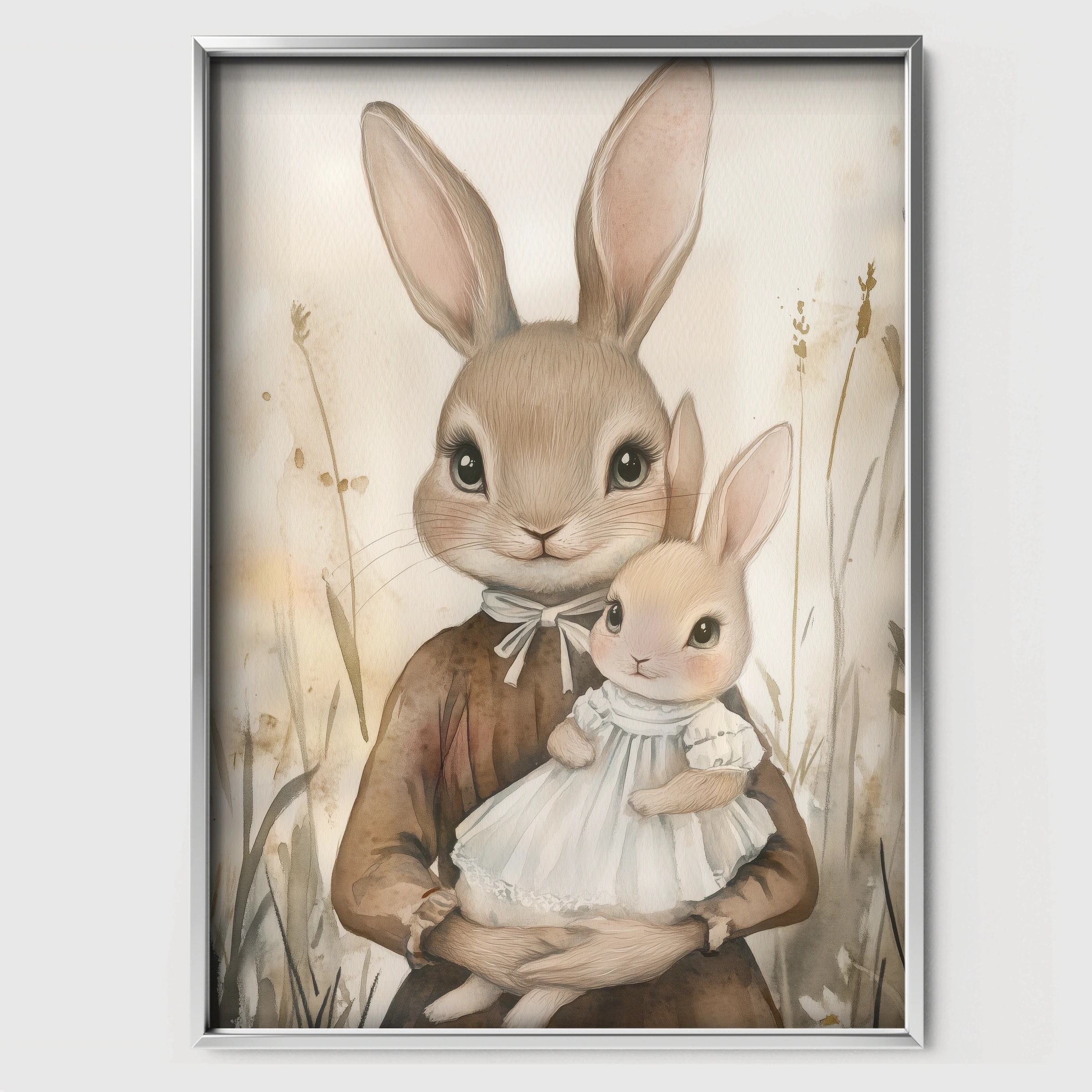 Rabbit Holding Baby Nursery Print - white framed nursery wall art print