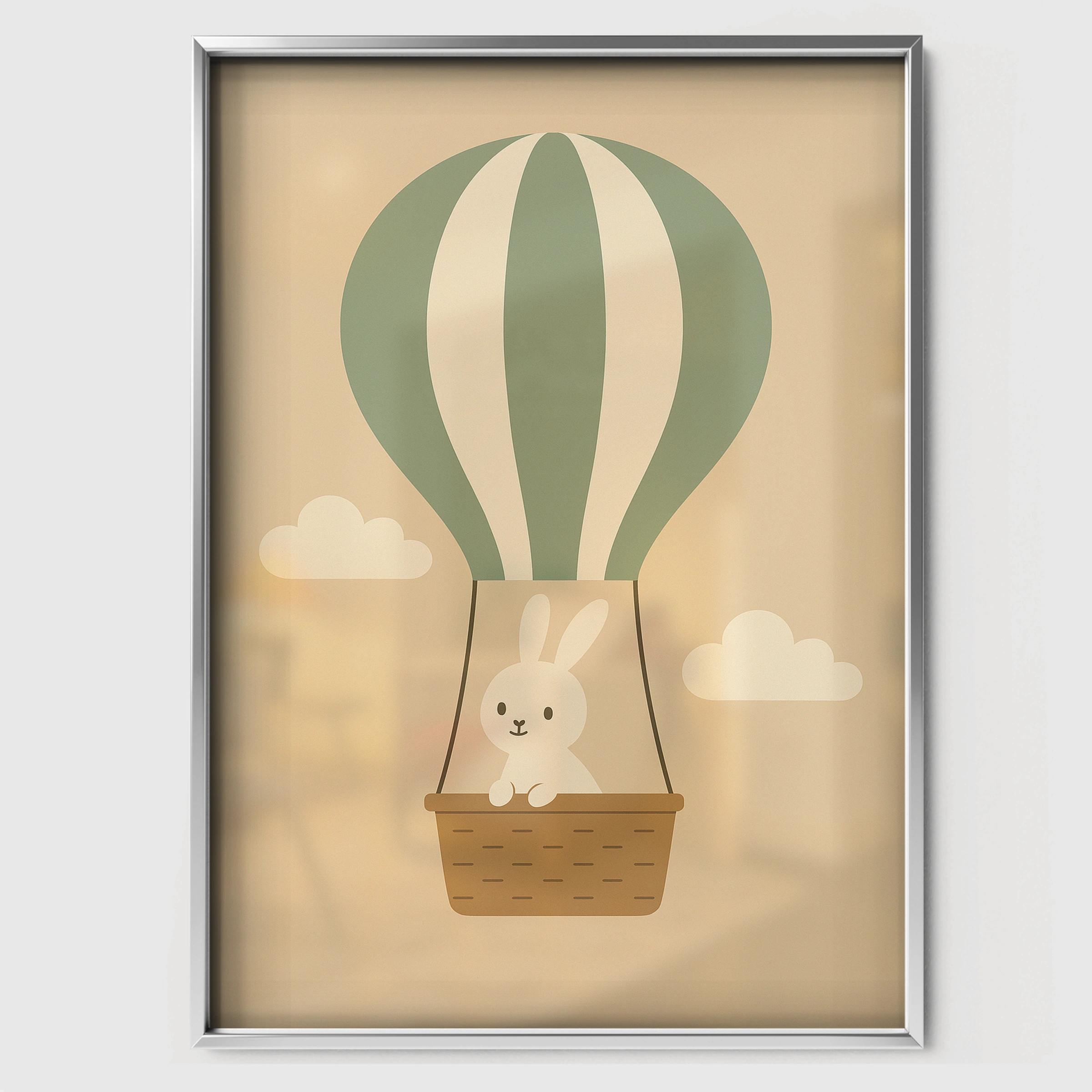 Rabbit Hot Air Balloon Nursery Print - white framed nursery wall art print