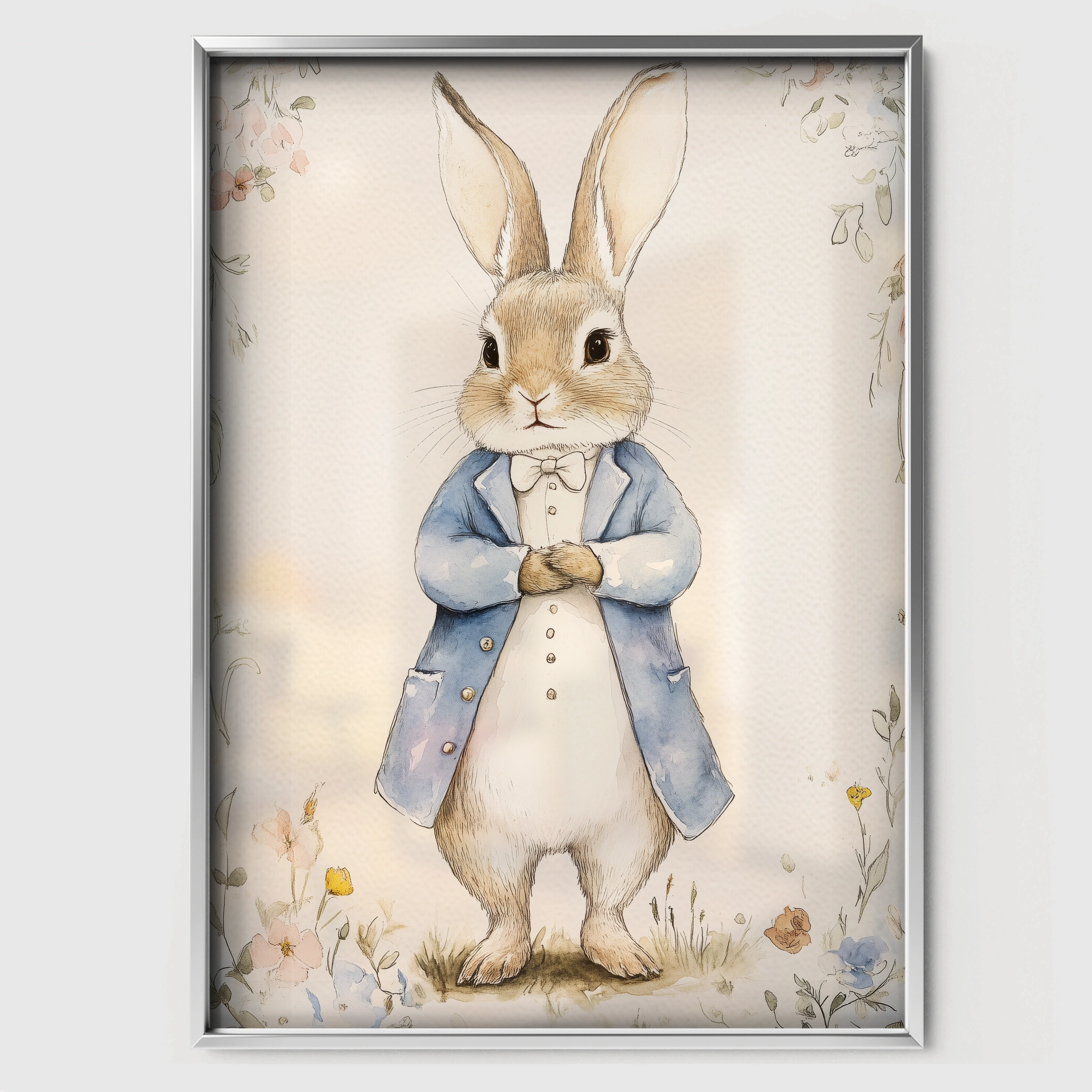 Rabbit in a Blue Coat Nursery Print - white framed nursery wall art print
