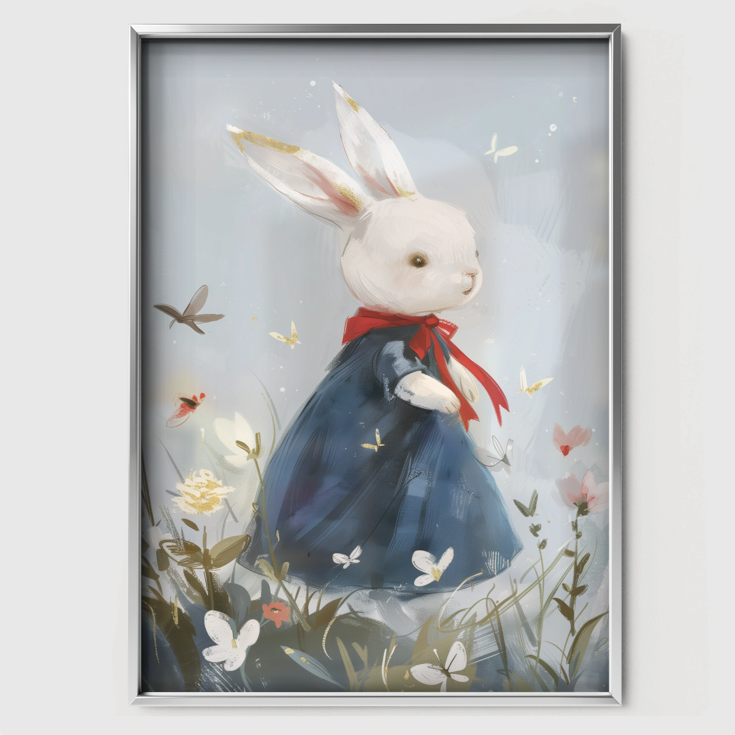Rabbit in a Blue Dress Nursery Print - white framed nursery wall art print