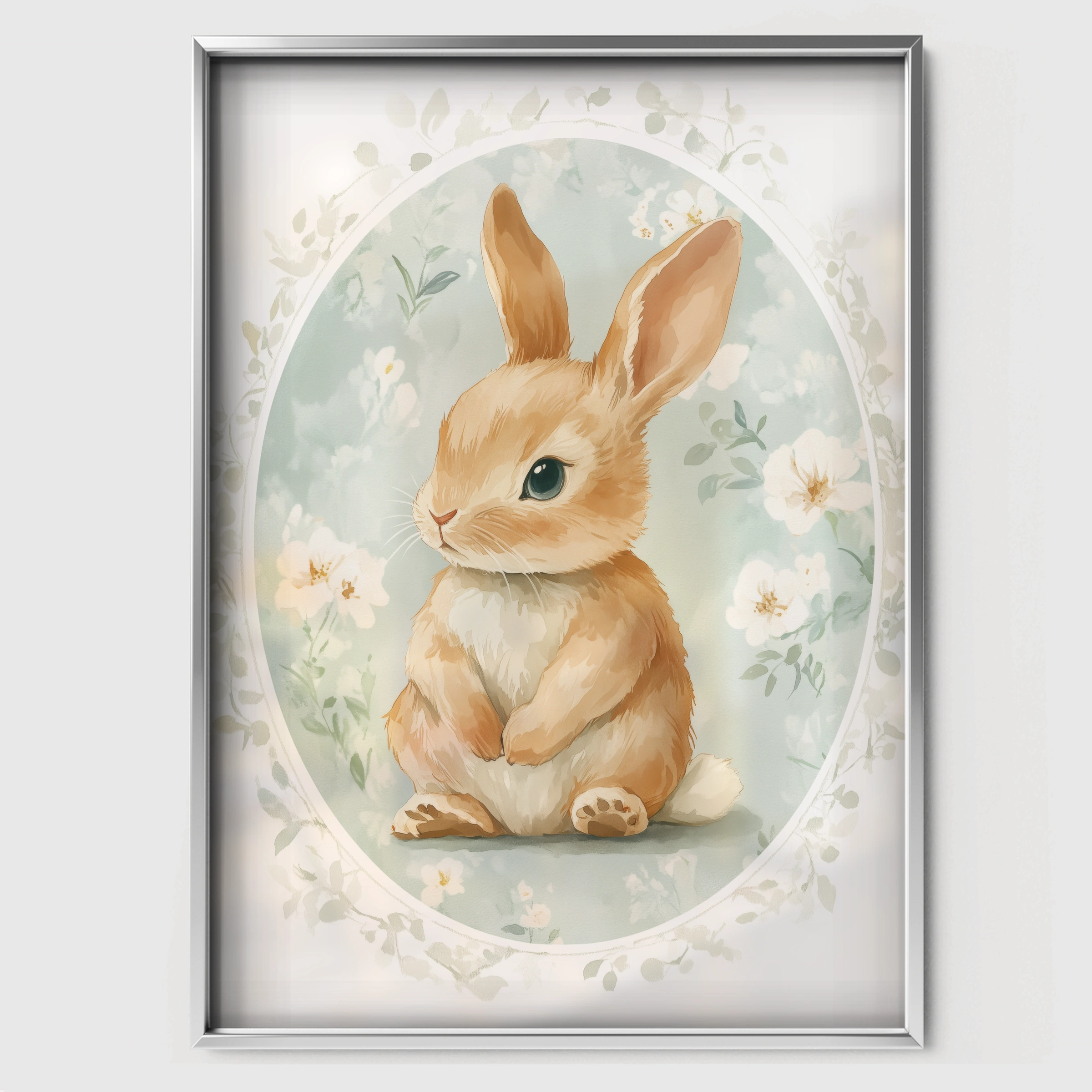 Rabbit in a Blue Oval Nursery Print - white framed nursery wall art print