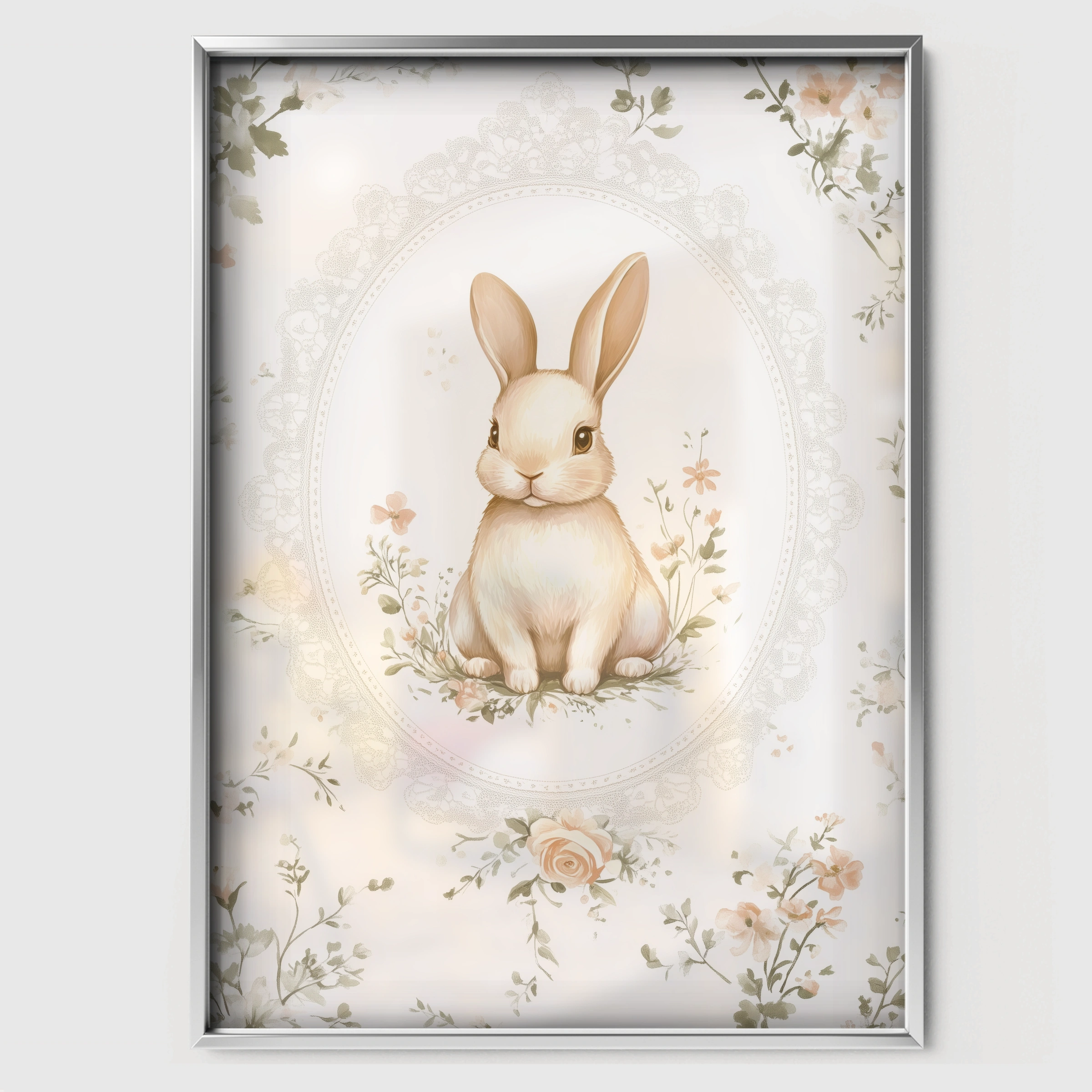 Rabbit in a Floral Frame Nursery Print - white framed nursery wall art print