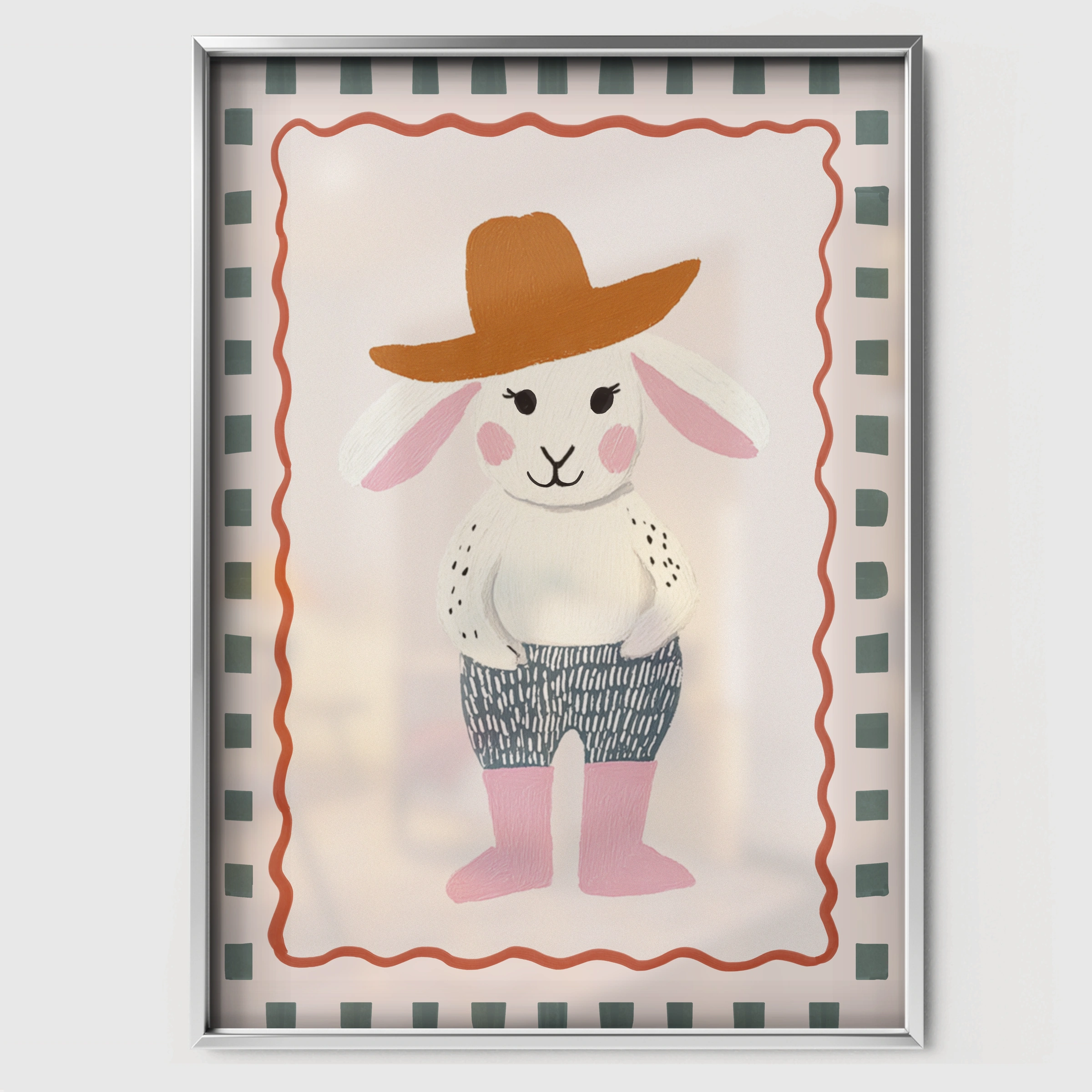 Rabbit in a Sunhat Nursery Print - white framed nursery wall art print