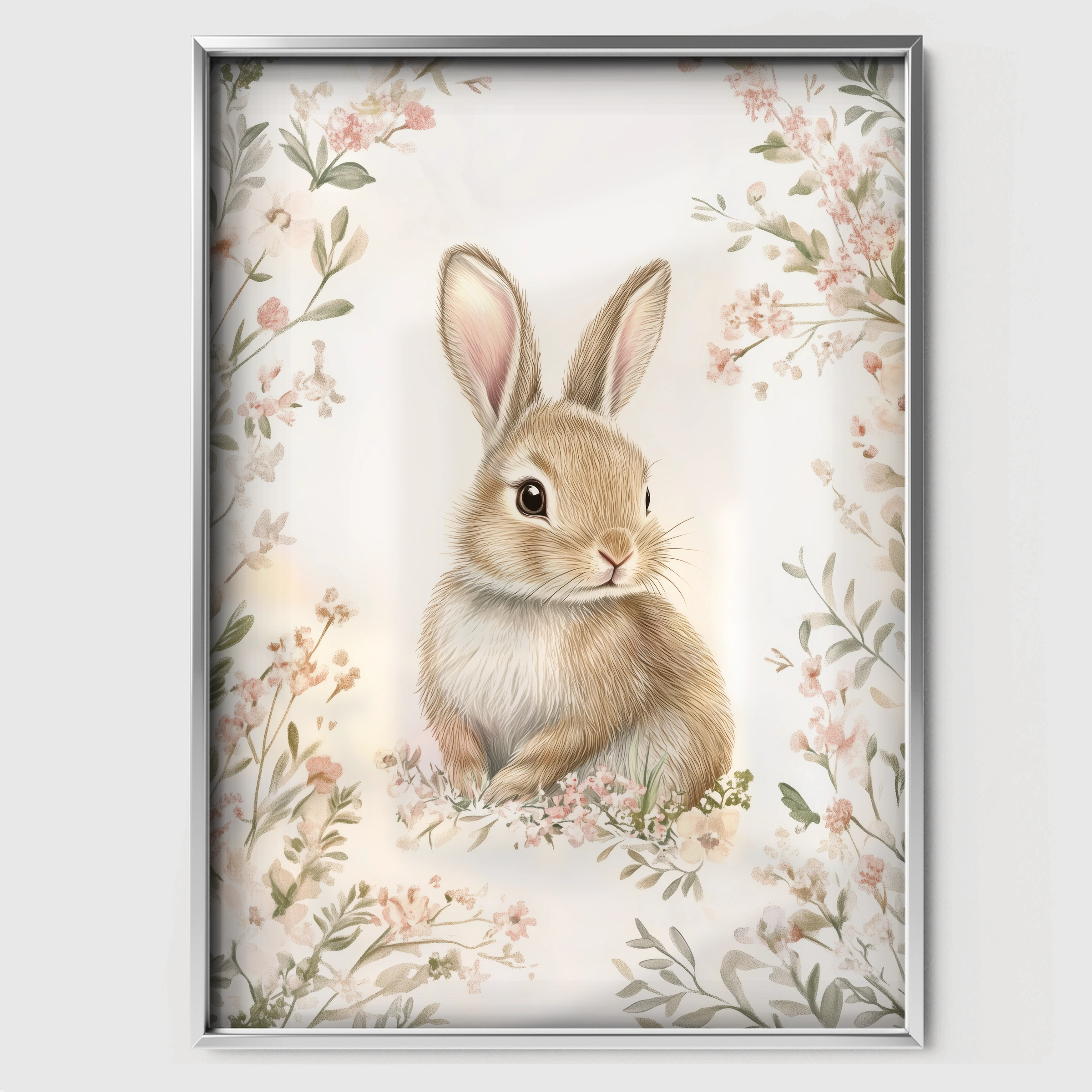 Rabbit in Blossom Nursery Print - white framed nursery wall art print