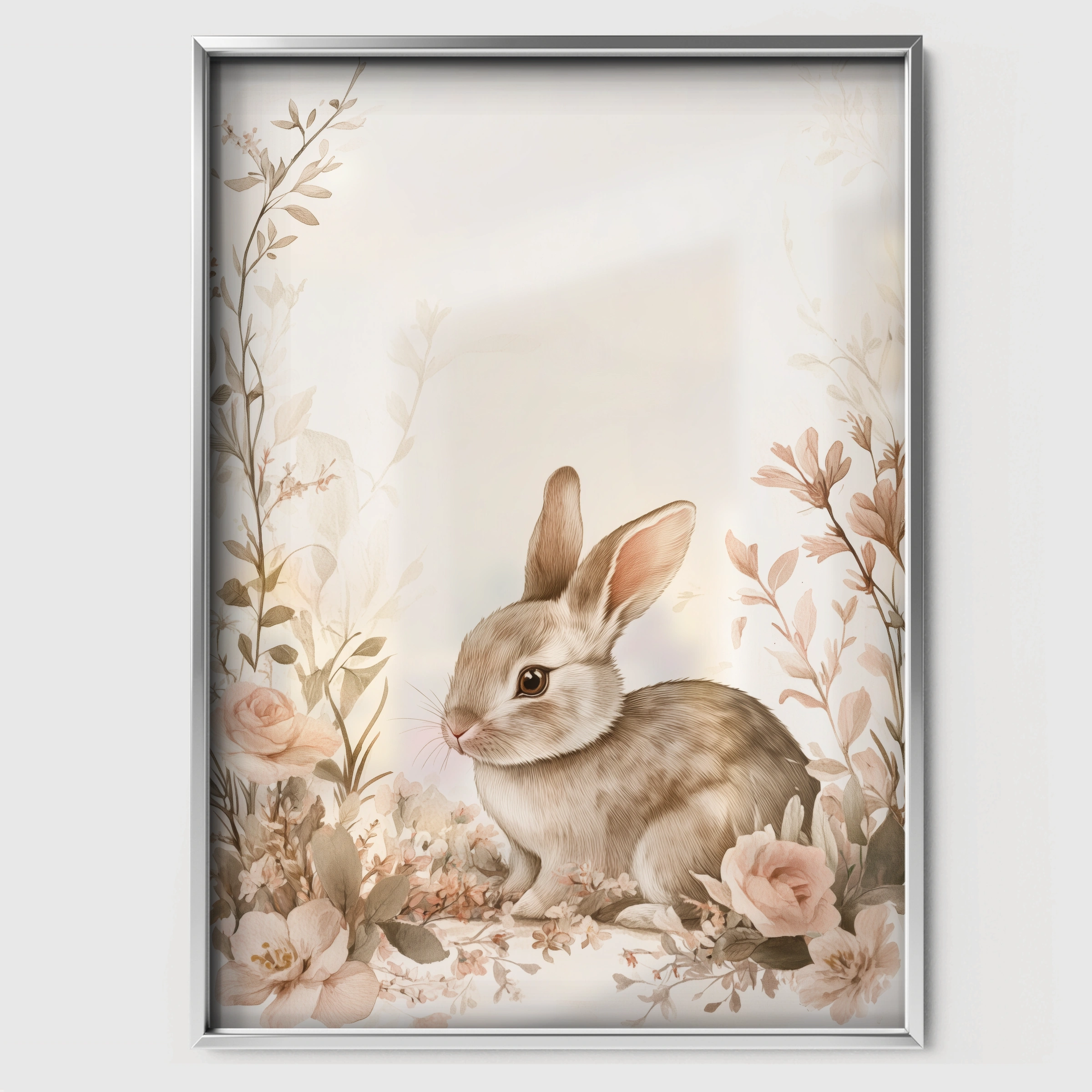 Rabbit in Roses Nursery Print - white framed nursery wall art print