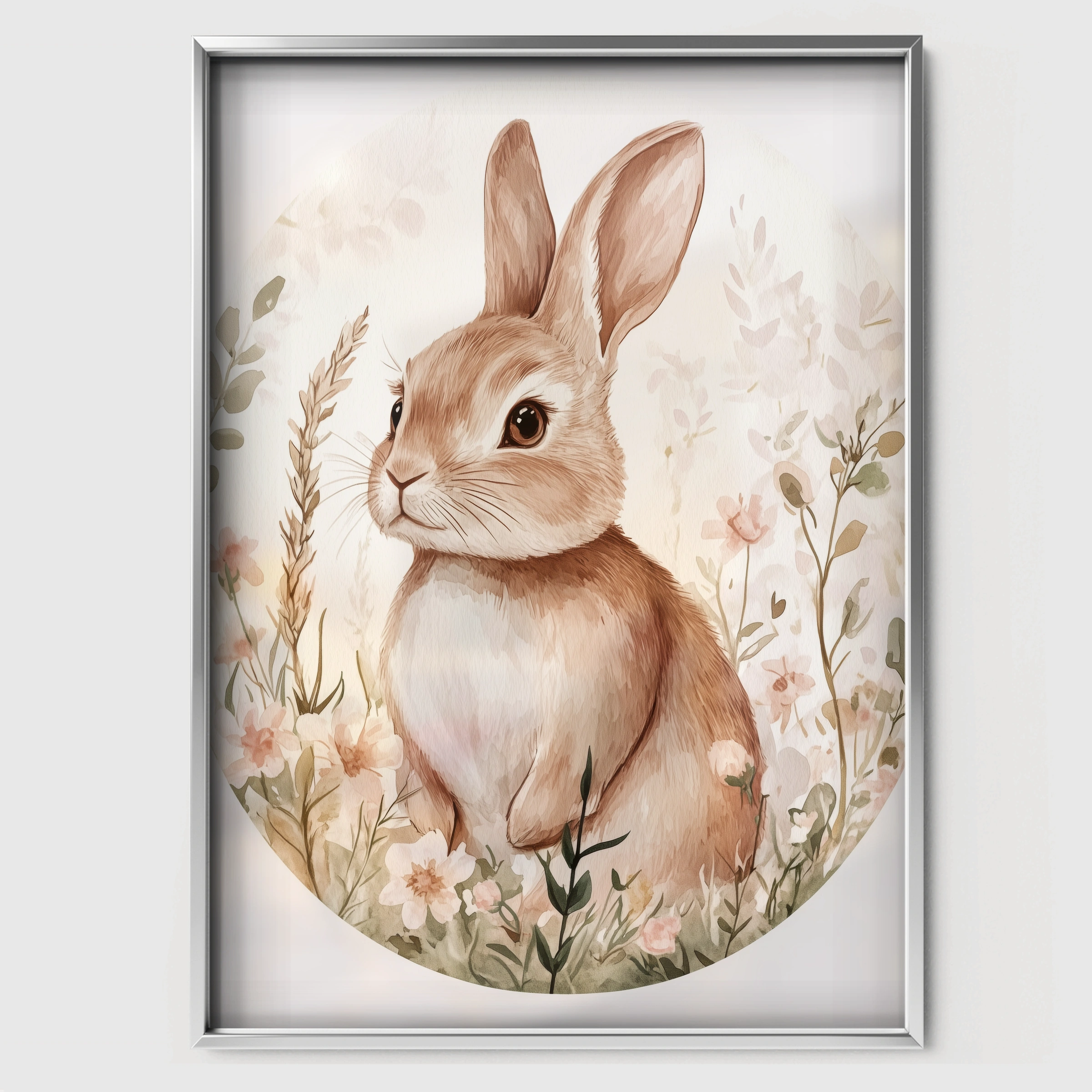 Rabbit in Wildflowers Nursery Print - white framed nursery wall art print