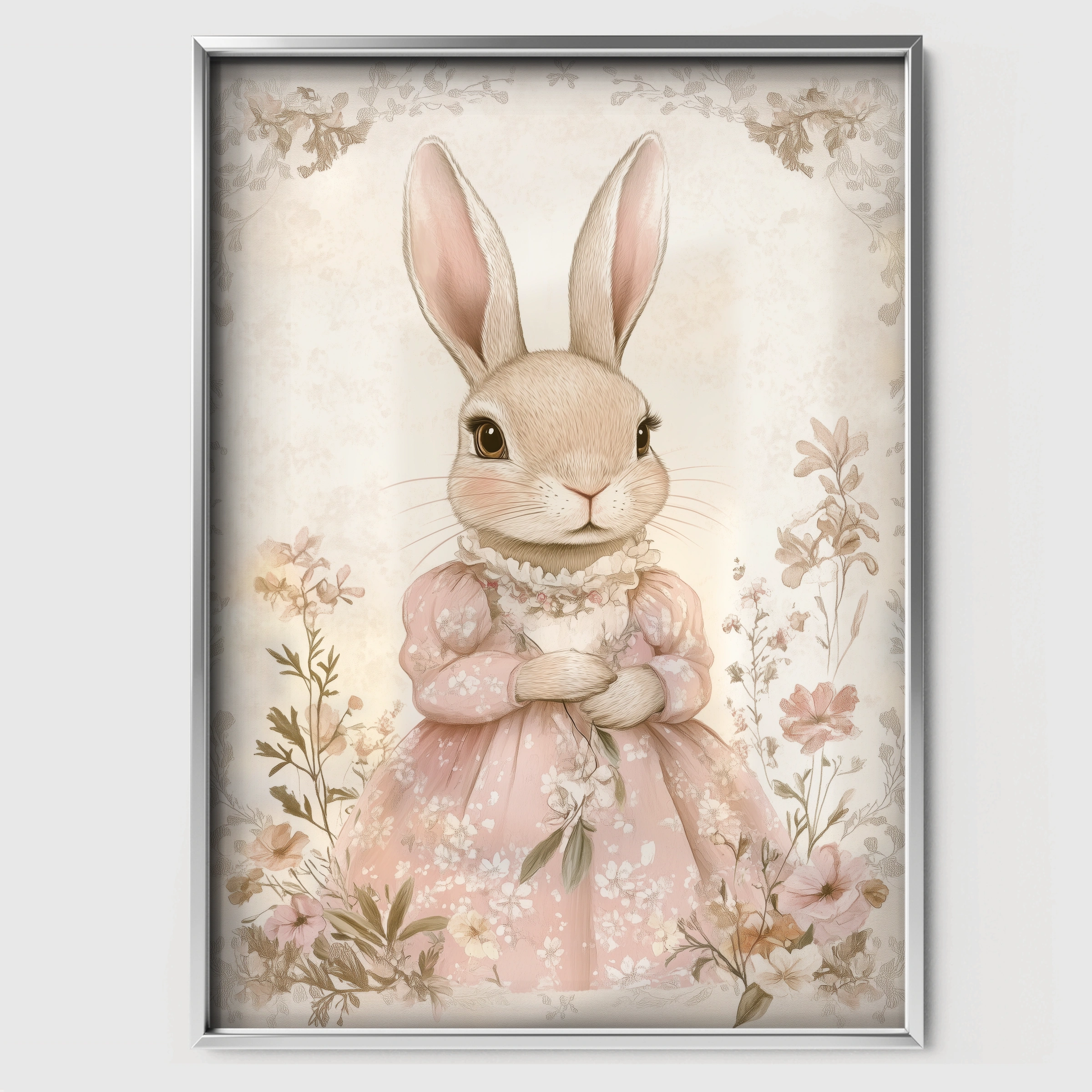 Rabbit Lady in Pink Nursery Print - white framed nursery wall art print