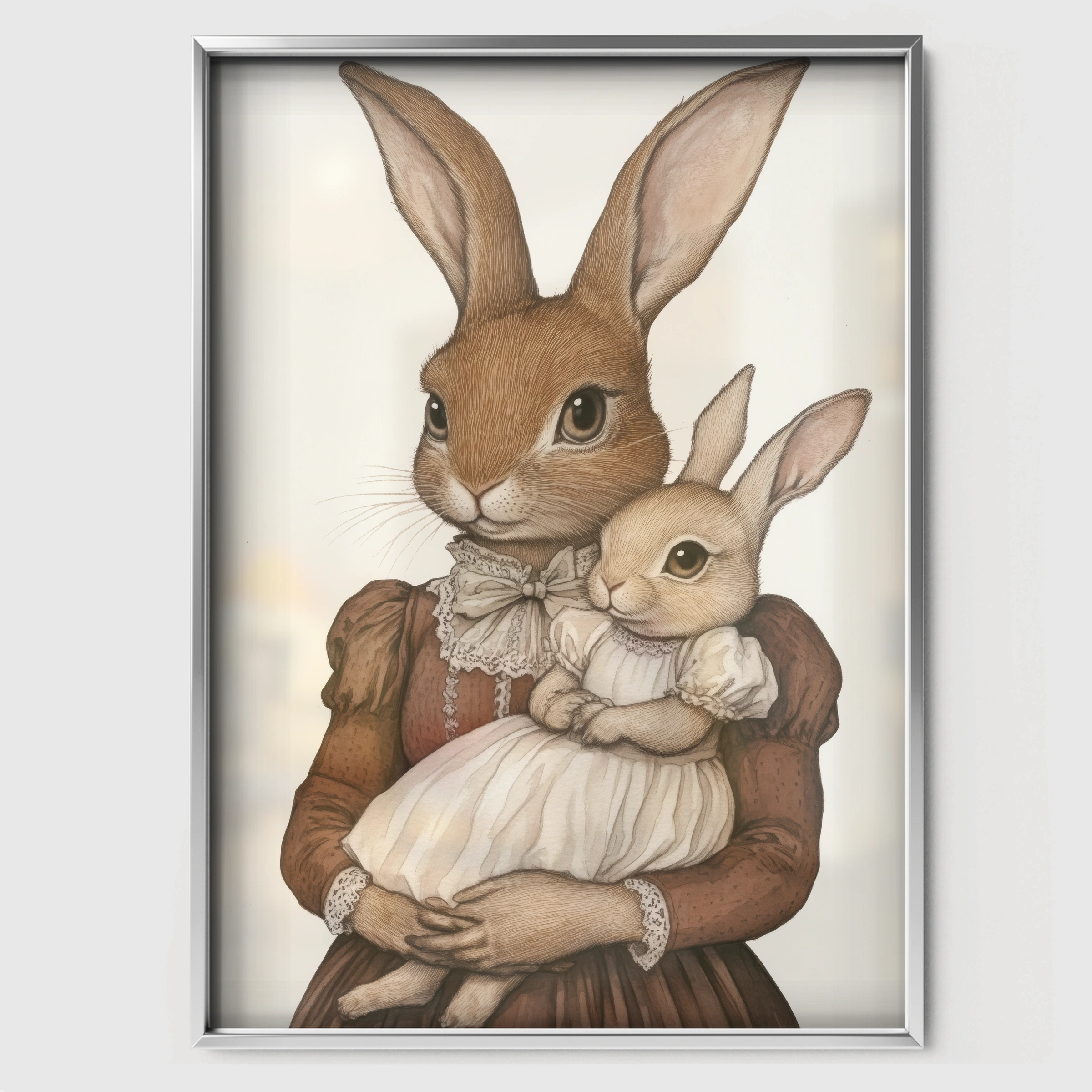 Rabbit Mother and Baby Nursery Print - white framed nursery wall art print