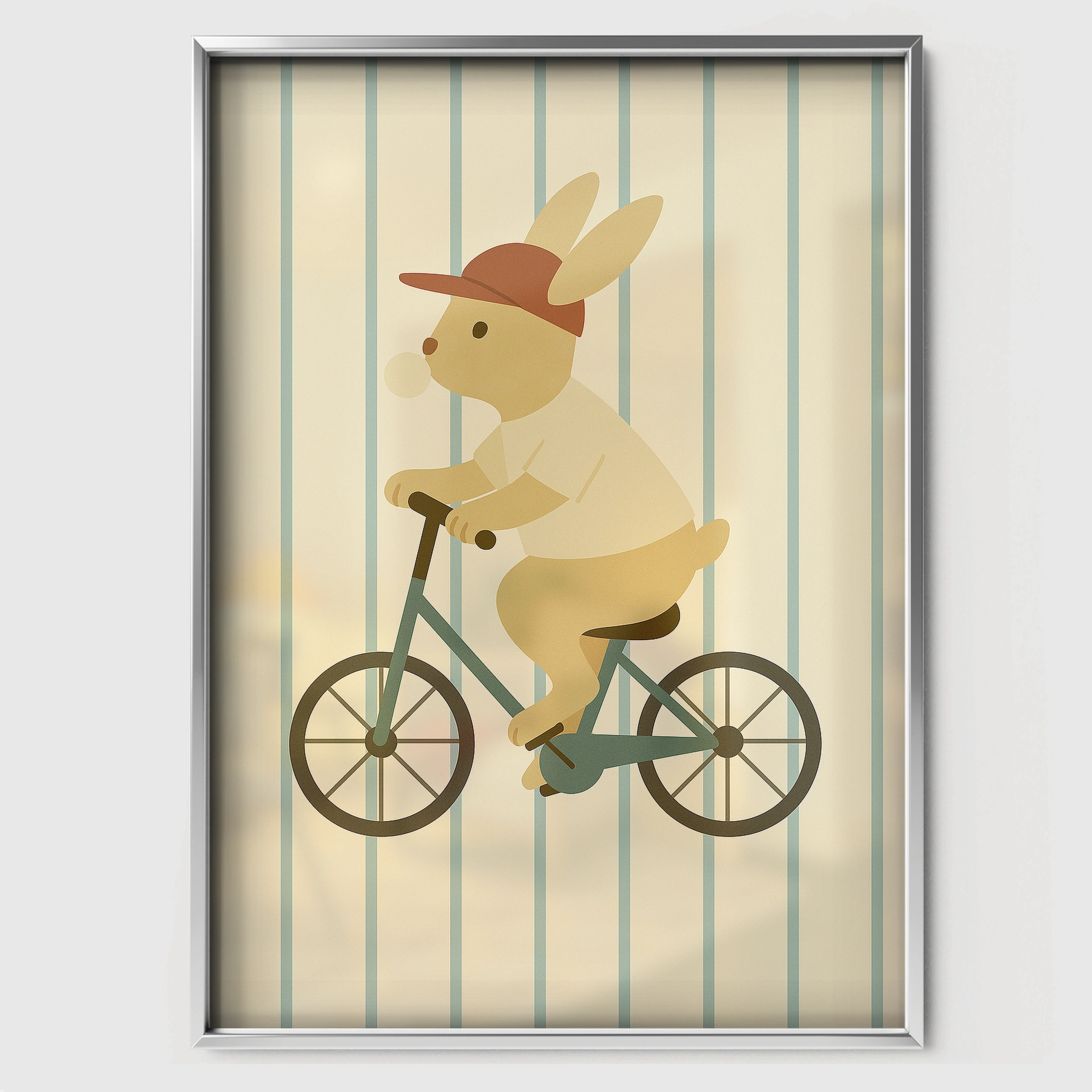 Rabbit on a Bicycle Nursery Print - white framed nursery wall art print