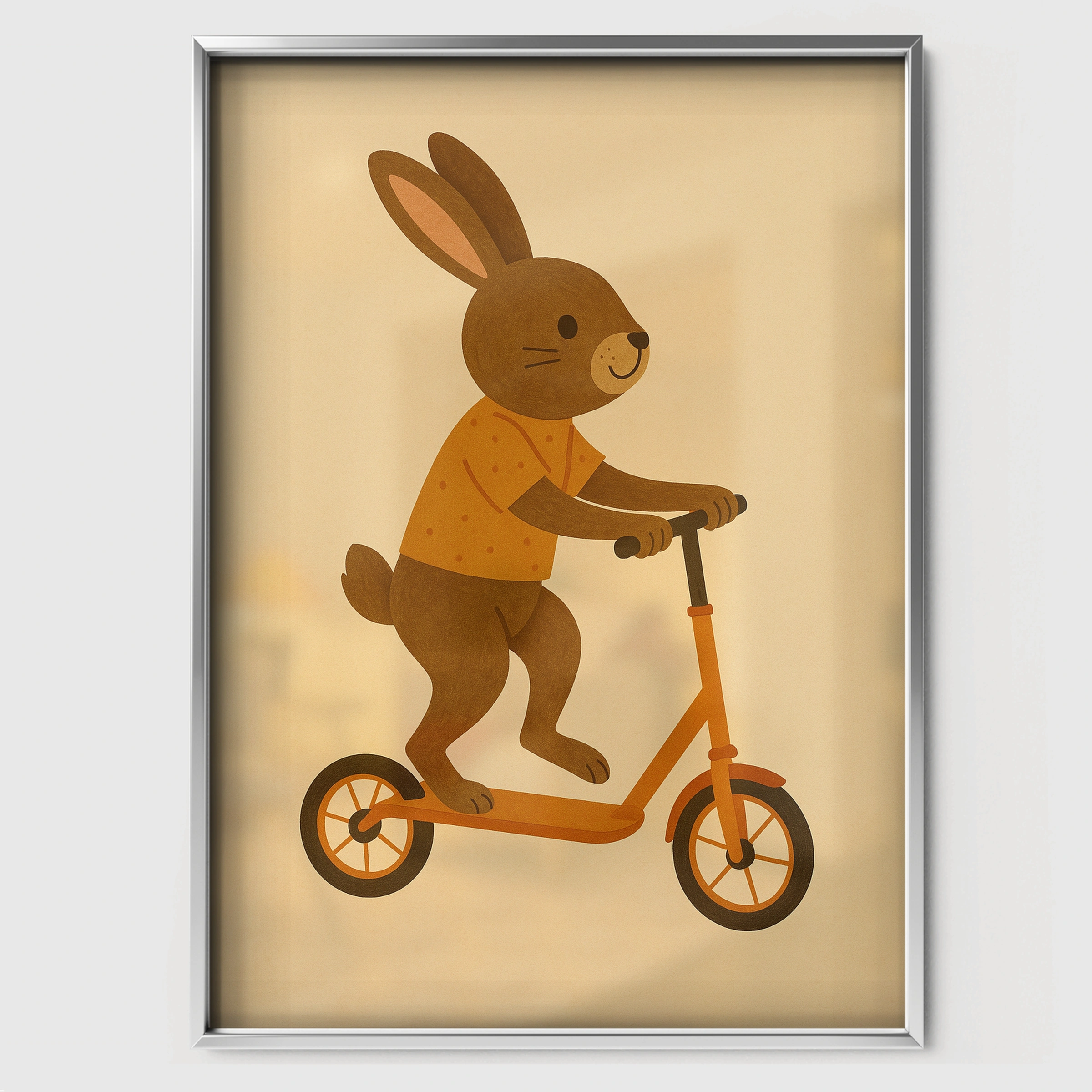Rabbit on a Scooter Nursery Print - white framed nursery wall art print