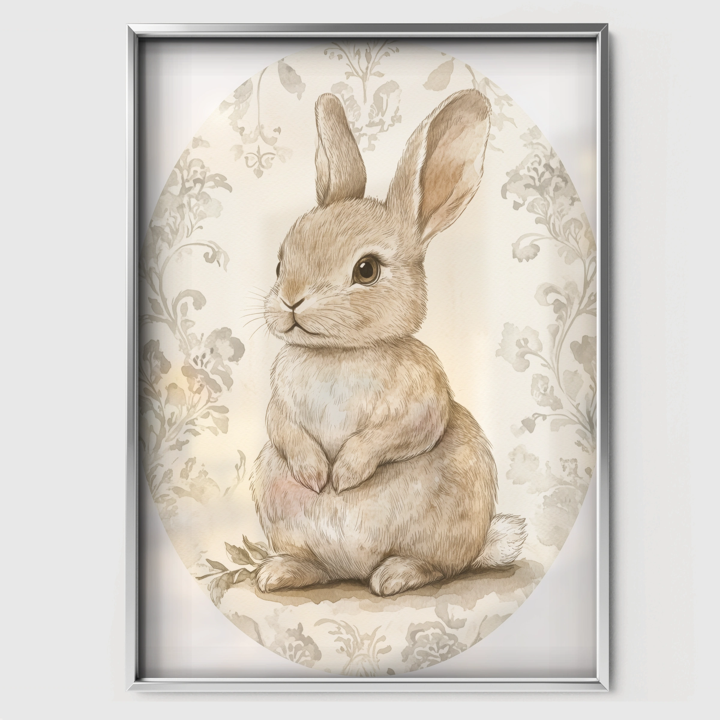 Rabbit Oval Nursery Print - white framed nursery wall art print