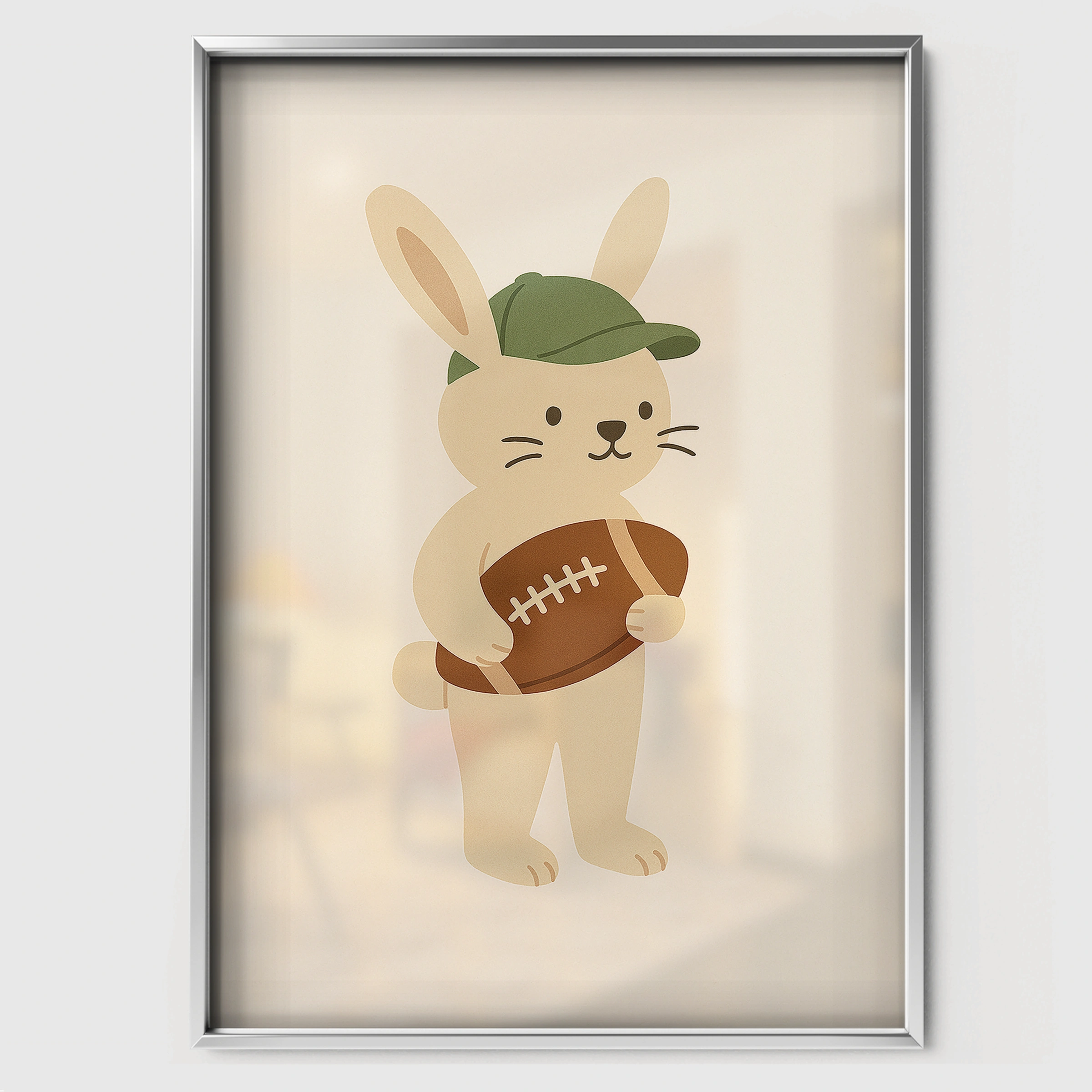 Rabbit with a Football Nursery Print - white framed nursery wall art print