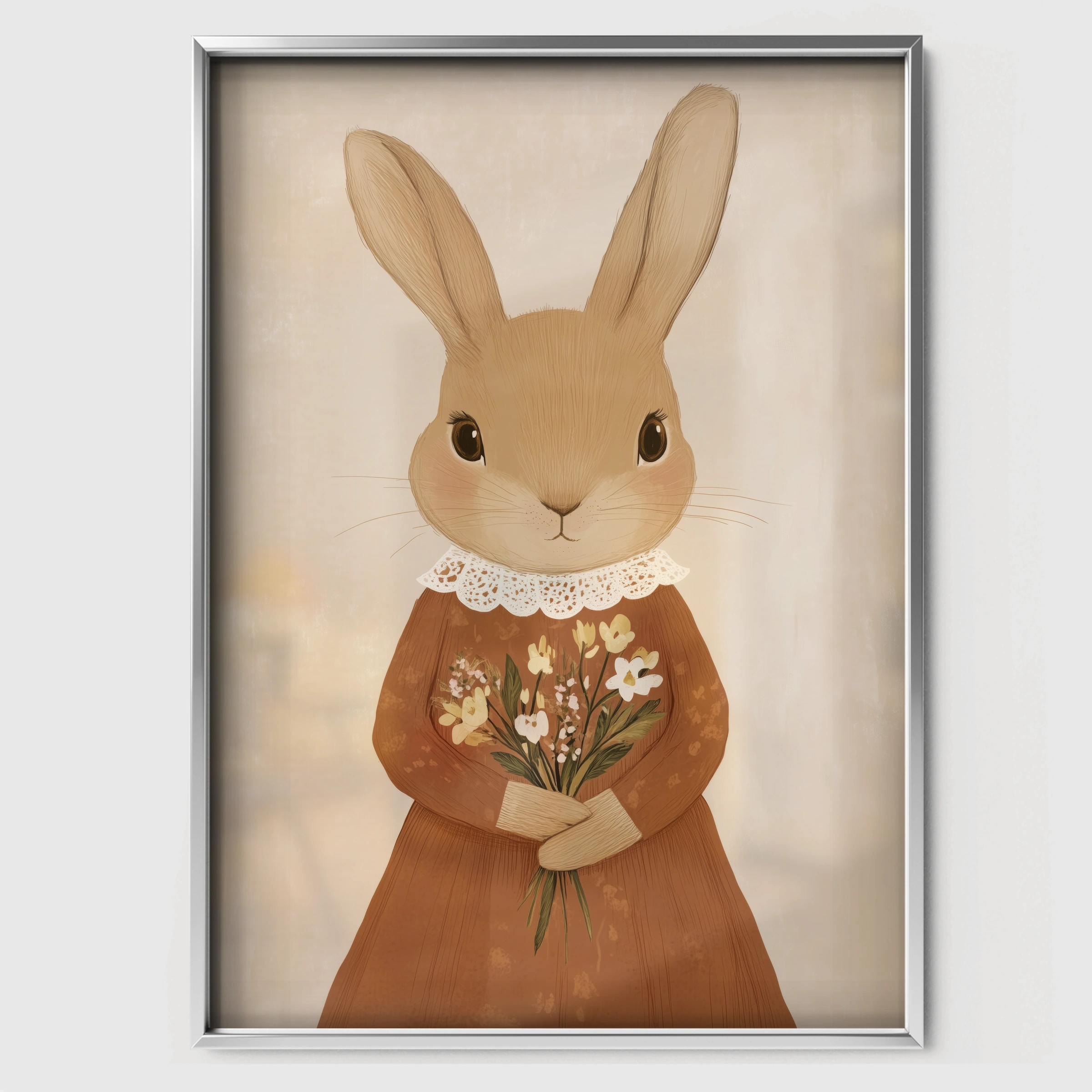 Rabbit with Flowers Nursery Print - white framed nursery wall art print