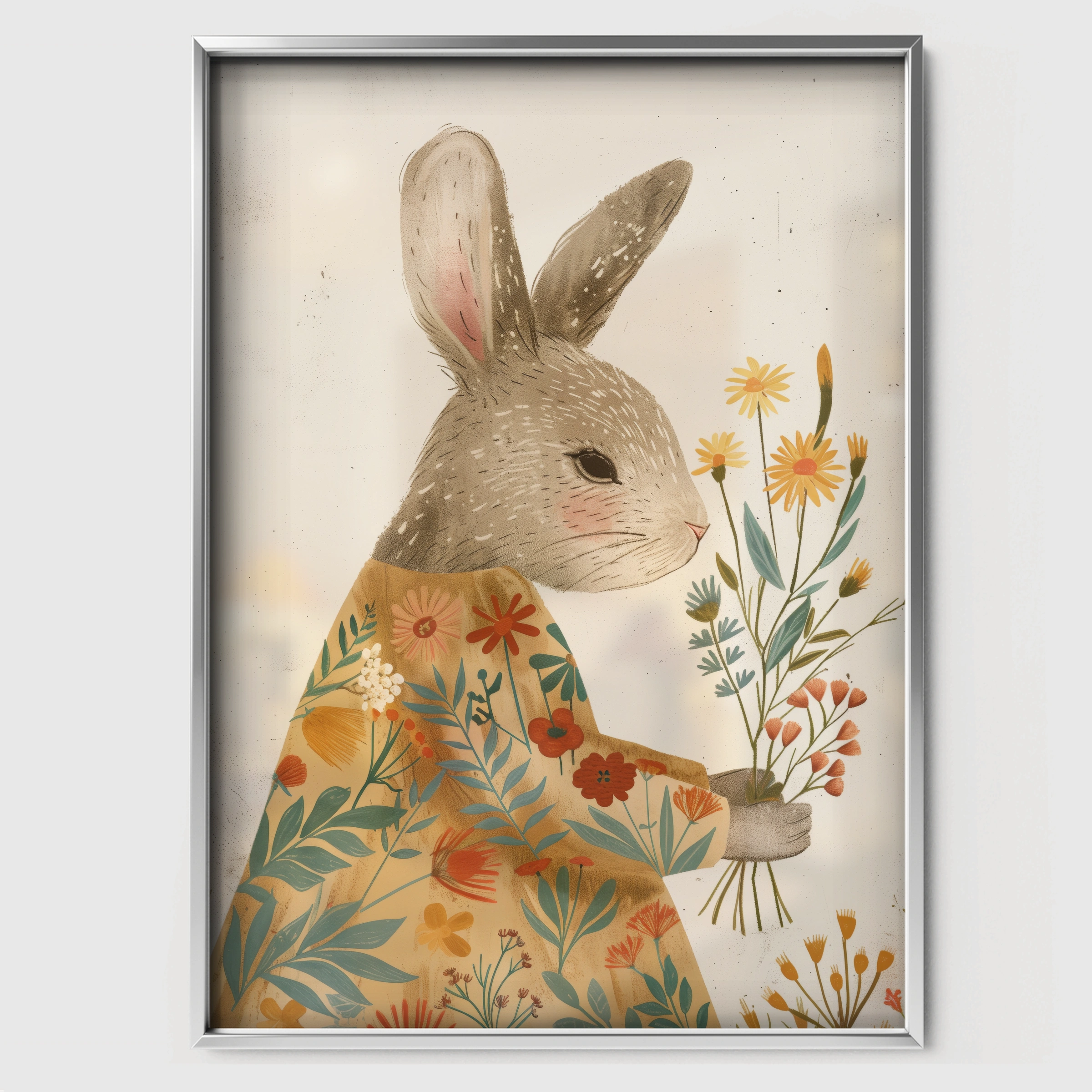 Rabbit with Wildflowers Nursery Print - white framed nursery wall art print
