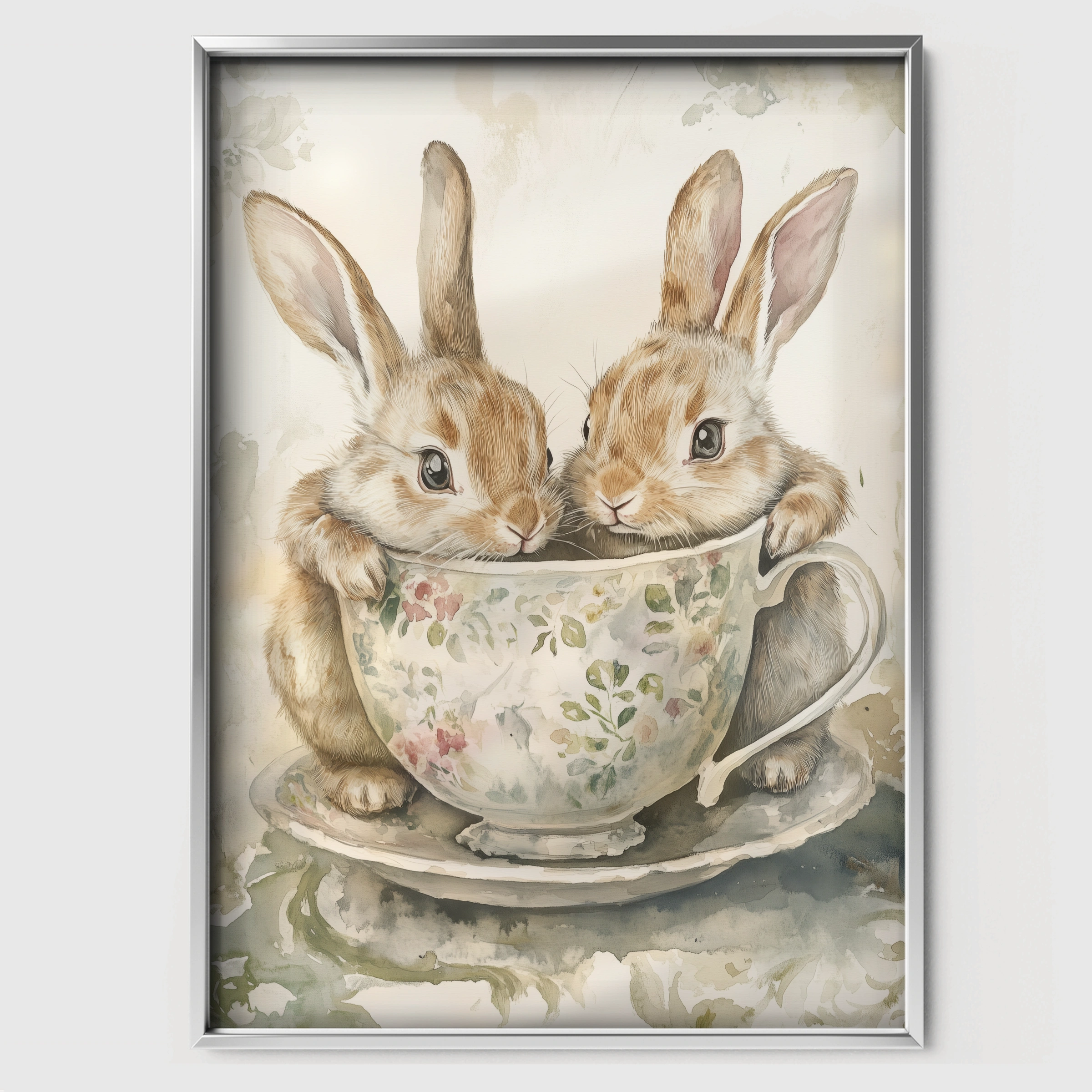 Rabbits in a Teacup Nursery Print - white framed nursery wall art print