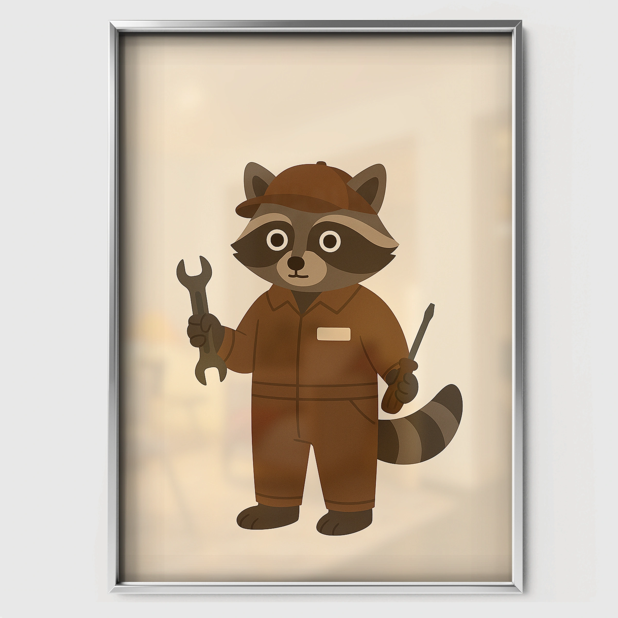 Raccoon at Work Nursery Print - white framed nursery wall art print
