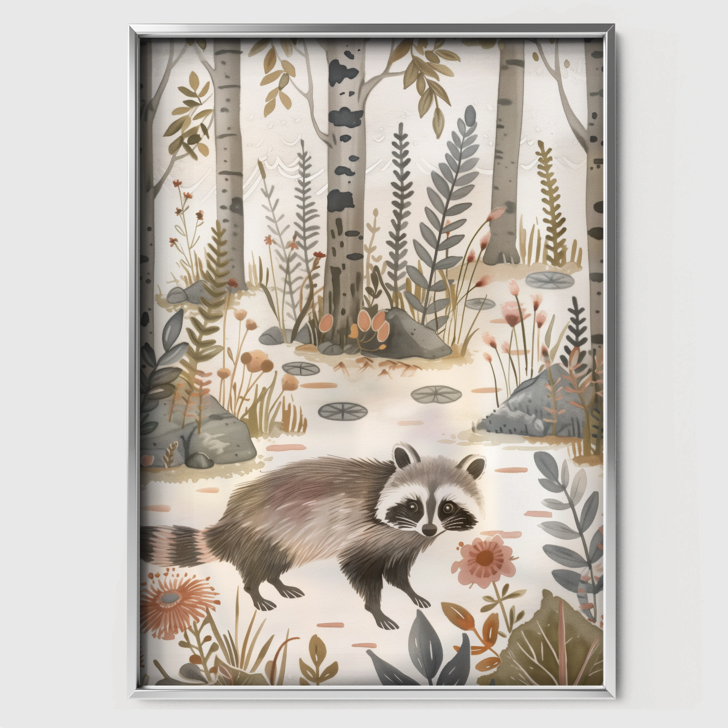Raccoon in the Forest Nursery Print - white framed nursery wall art print