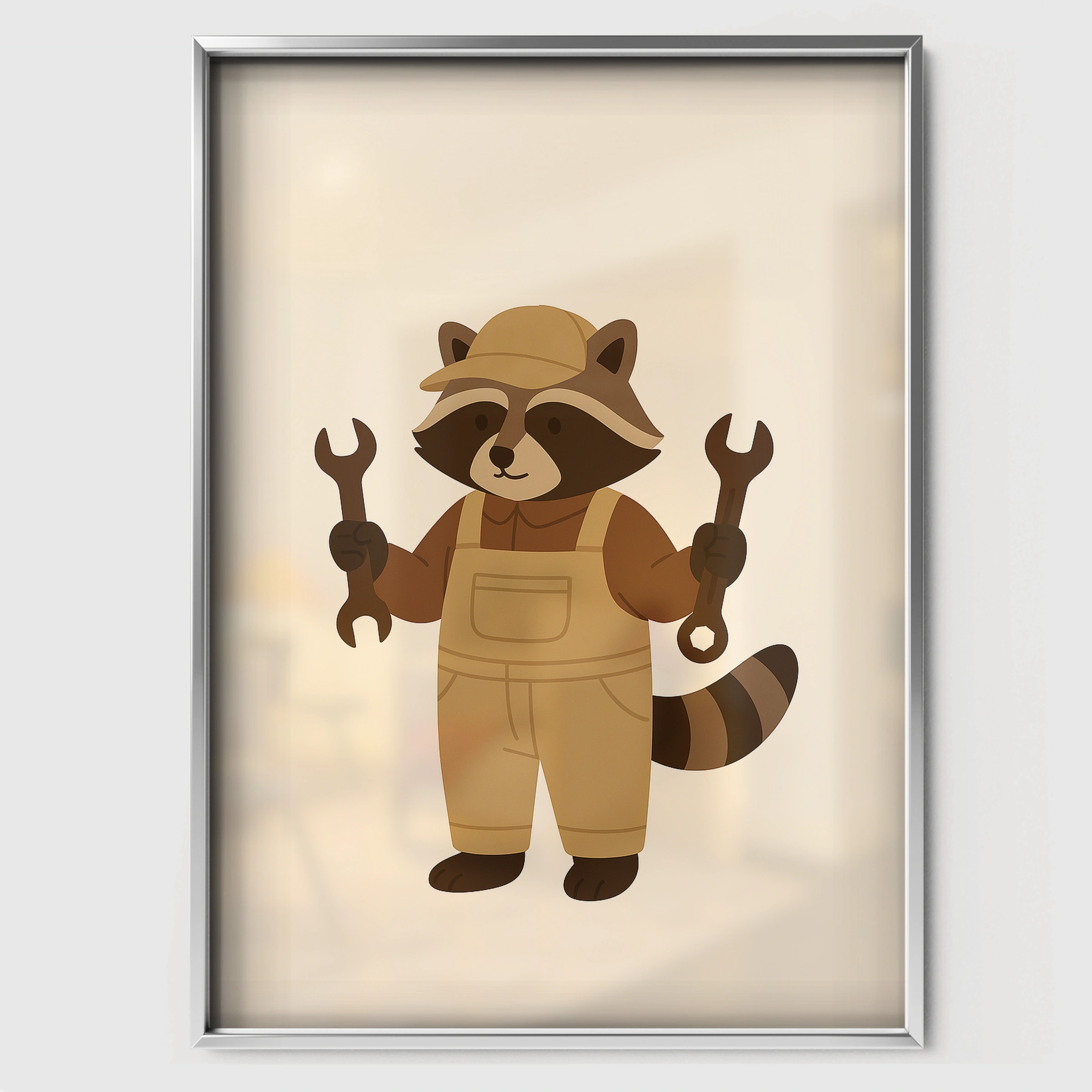 Raccoon Mechanic Nursery Print - white framed nursery wall art print