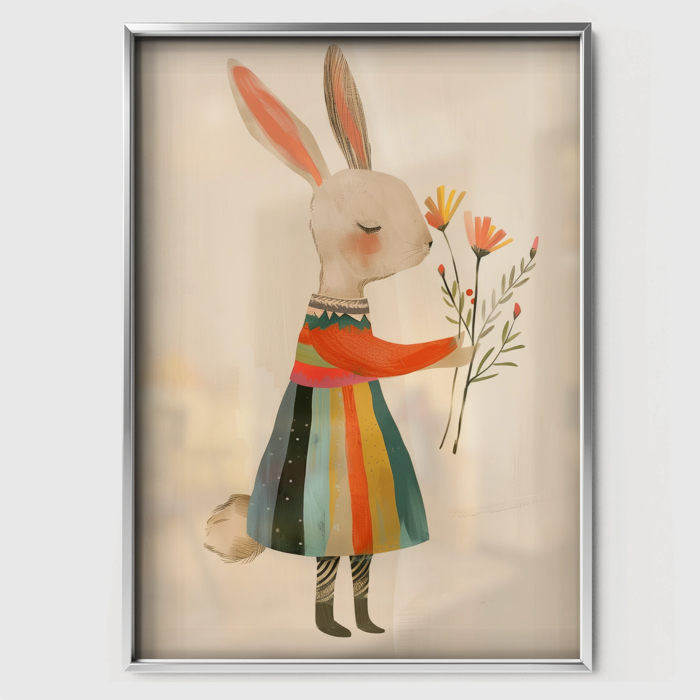 Rainbow Dress Rabbit Nursery Print - white framed nursery wall art print