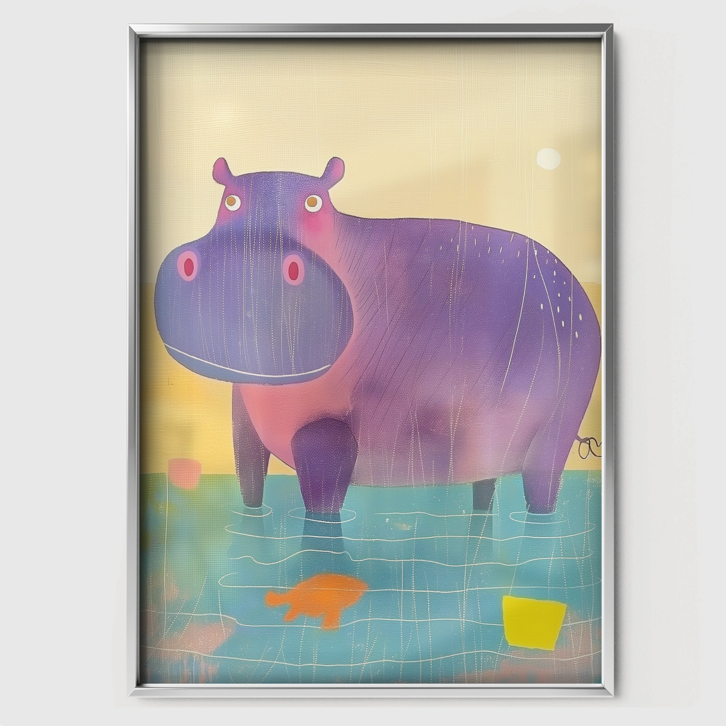Rainbow Hippo Nursery Print - white framed nursery wall art print