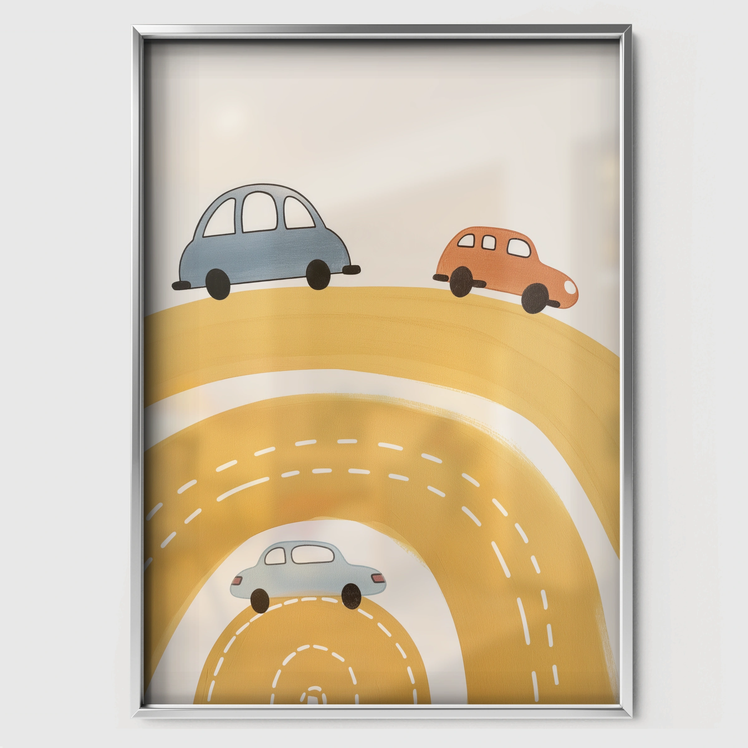Rainbow Road Cars Nursery Print - white framed nursery wall art print
