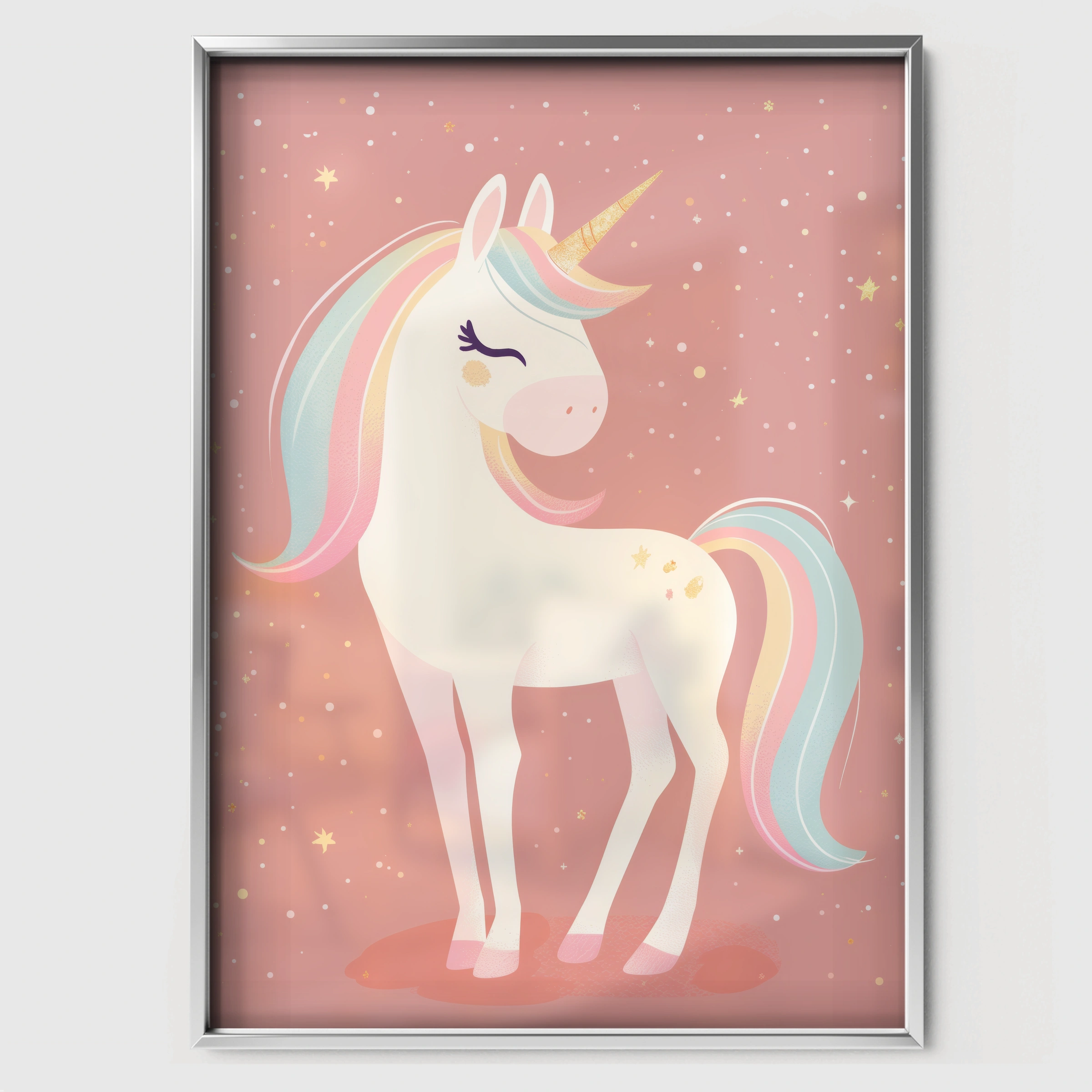 Rainbow Unicorn Nursery Print - white framed nursery wall art print