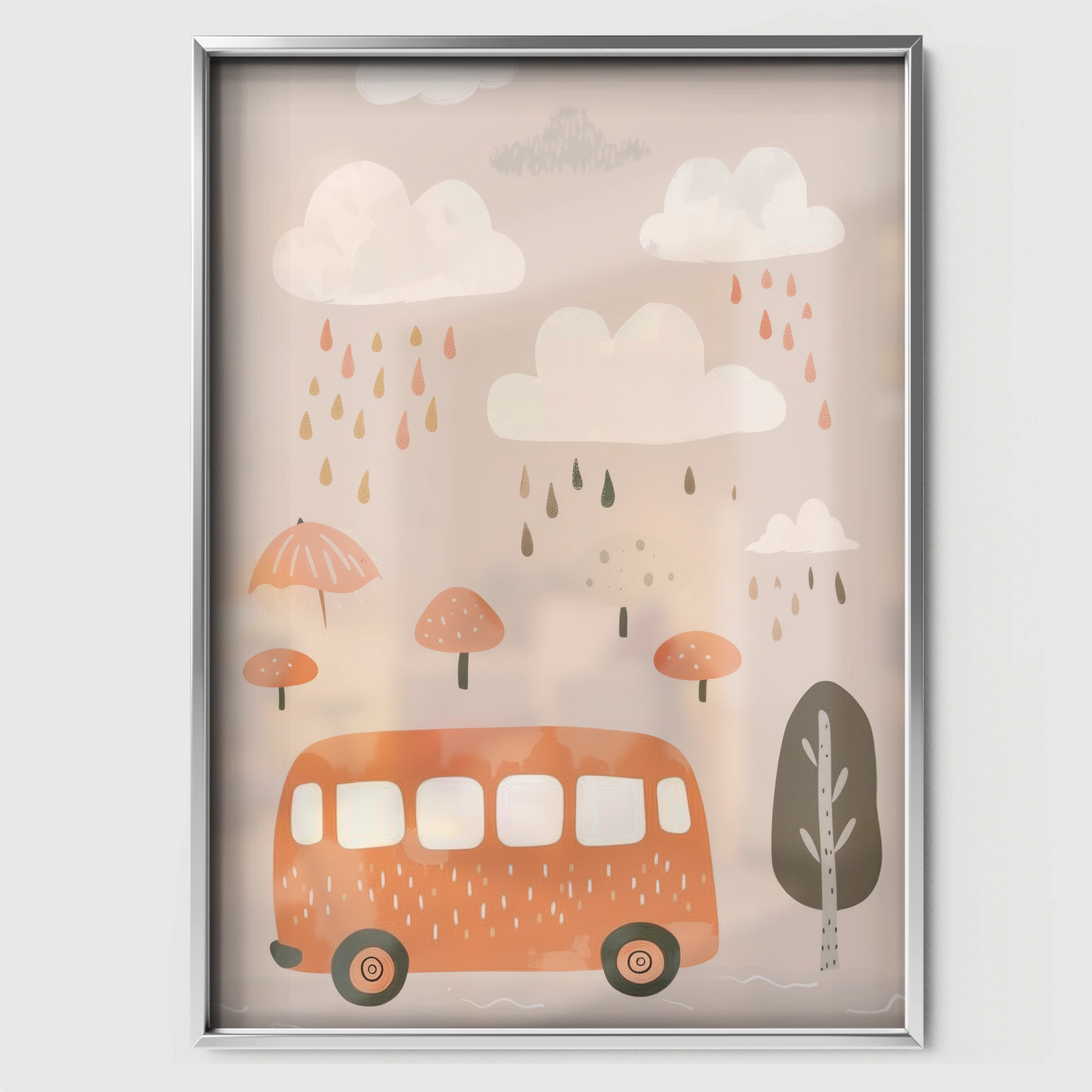 Rainy Day Bus Nursery Print - white framed nursery wall art print