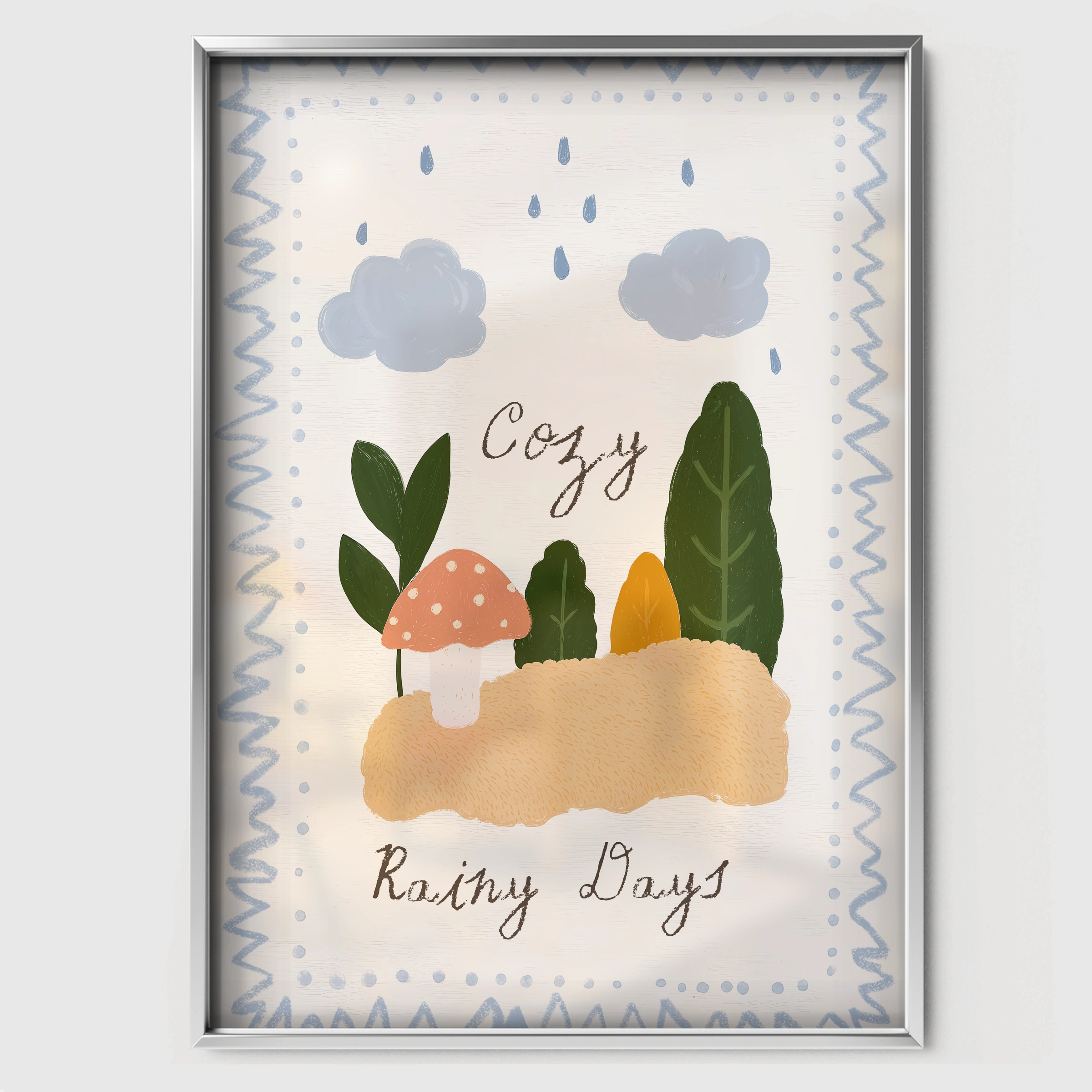 Rainy Days Busy Days Nursery Print - white framed nursery wall art print