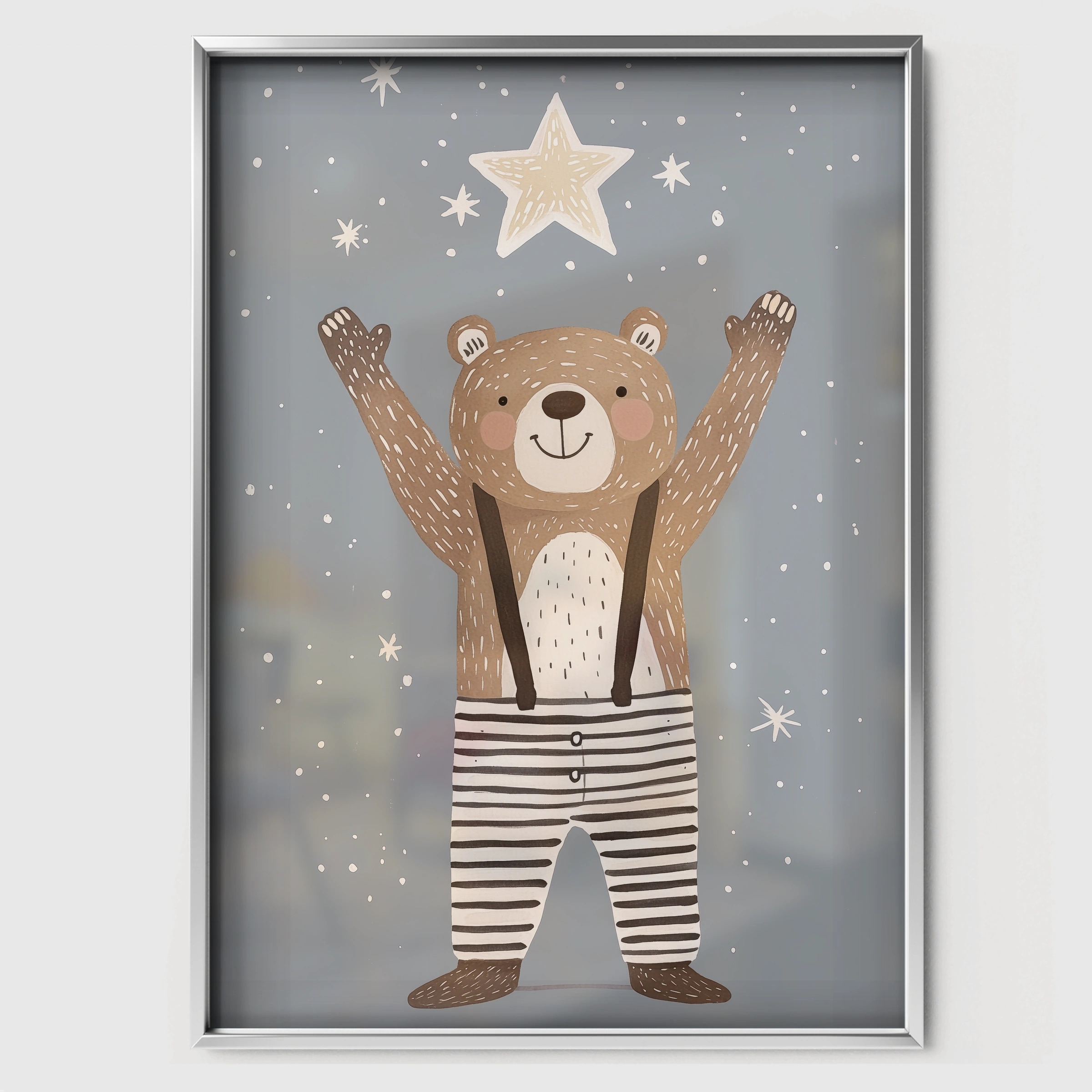 Reach for the Stars Bear Nursery Print - white framed nursery wall art print