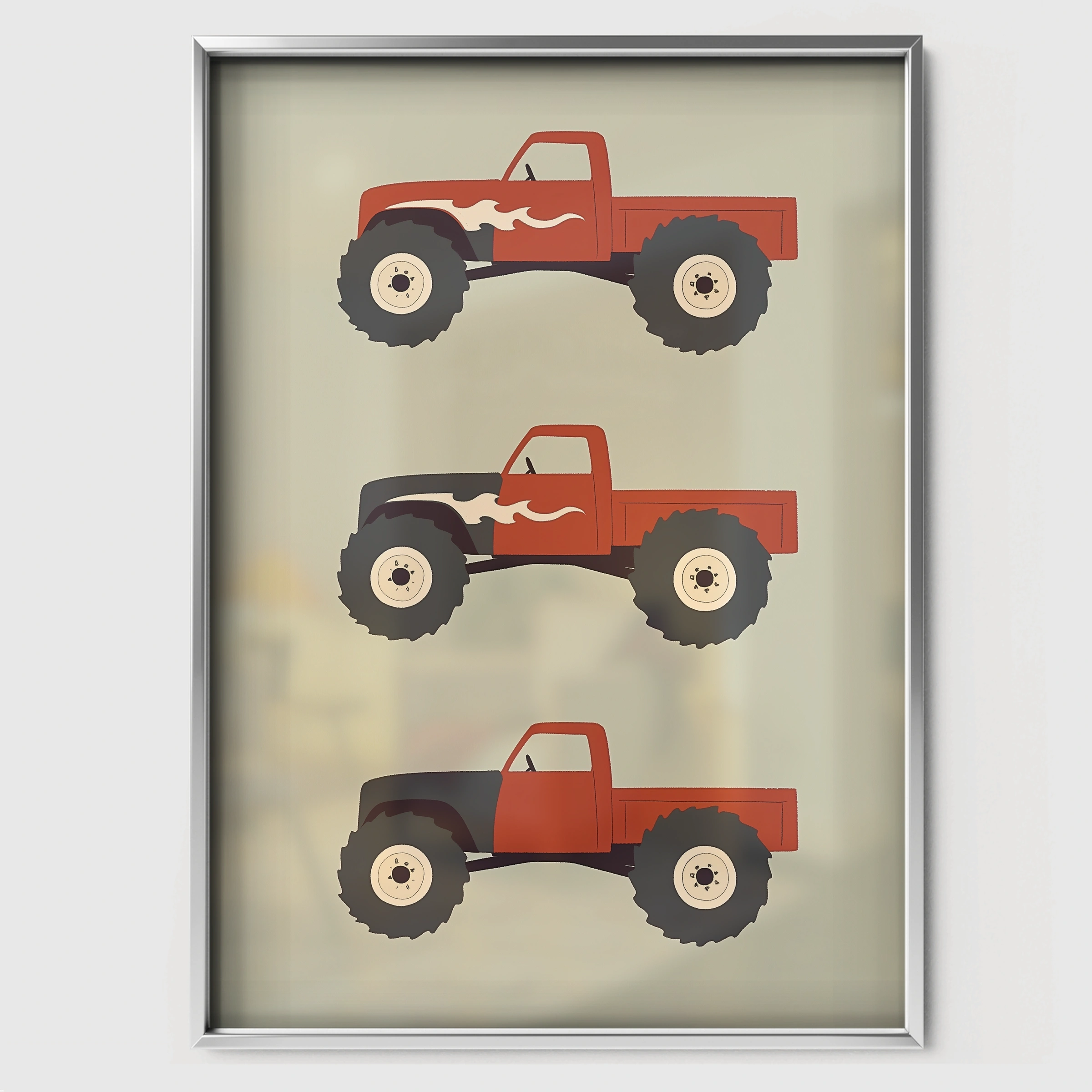 Red Monster Trucks Nursery Print - white framed nursery wall art print