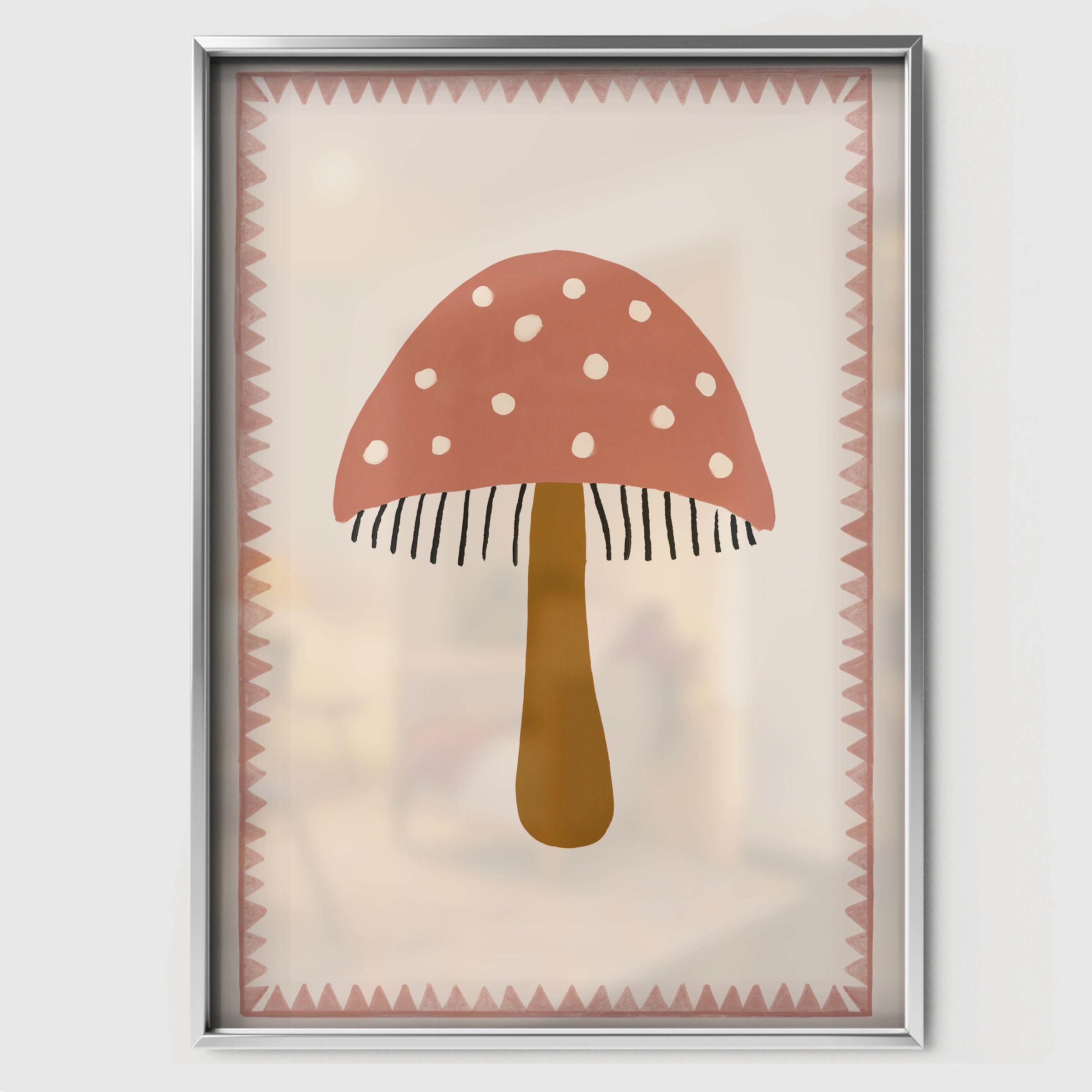 Red Toadstool Nursery Print - white framed nursery wall art print