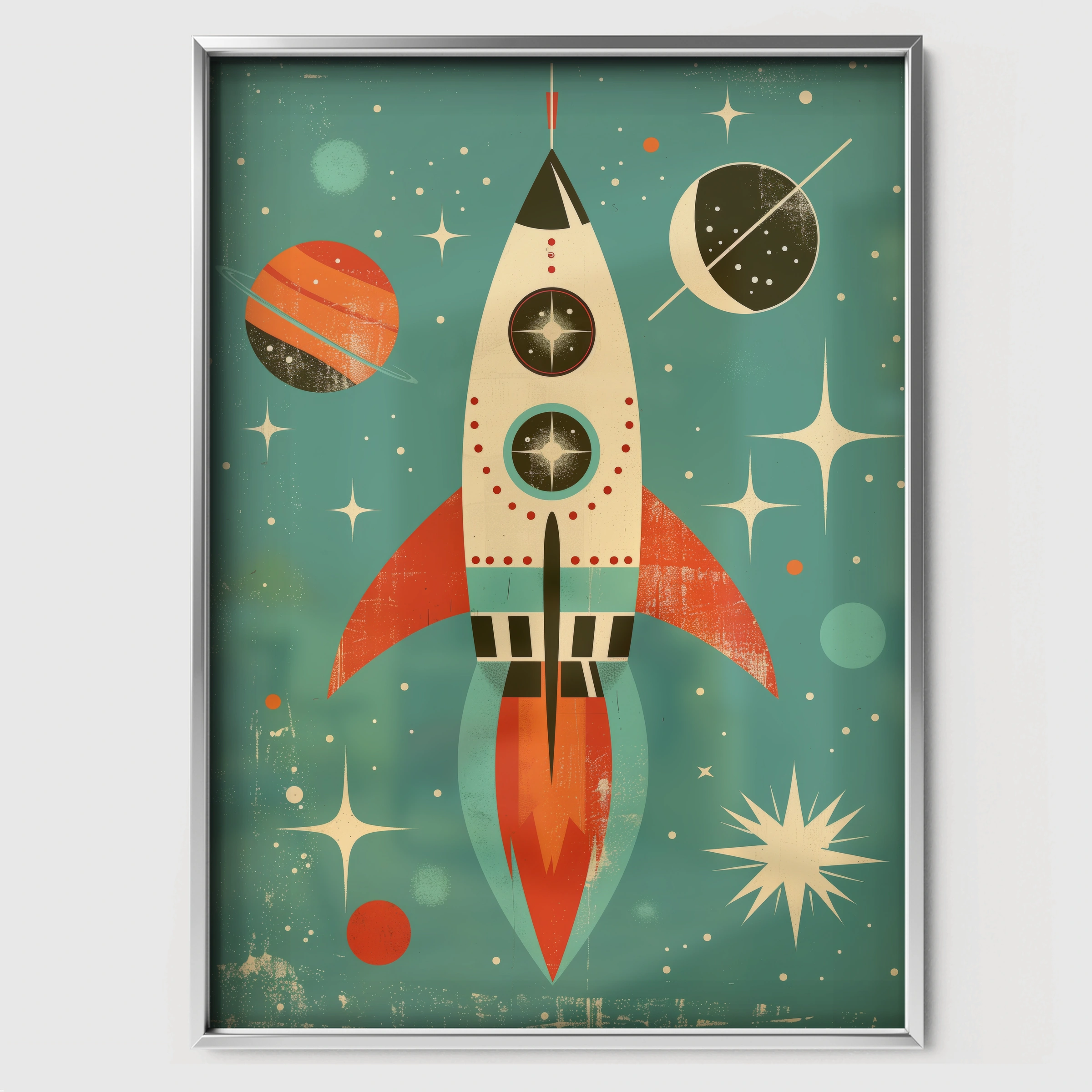 Retro Rocket Nursery Print - white framed nursery wall art print