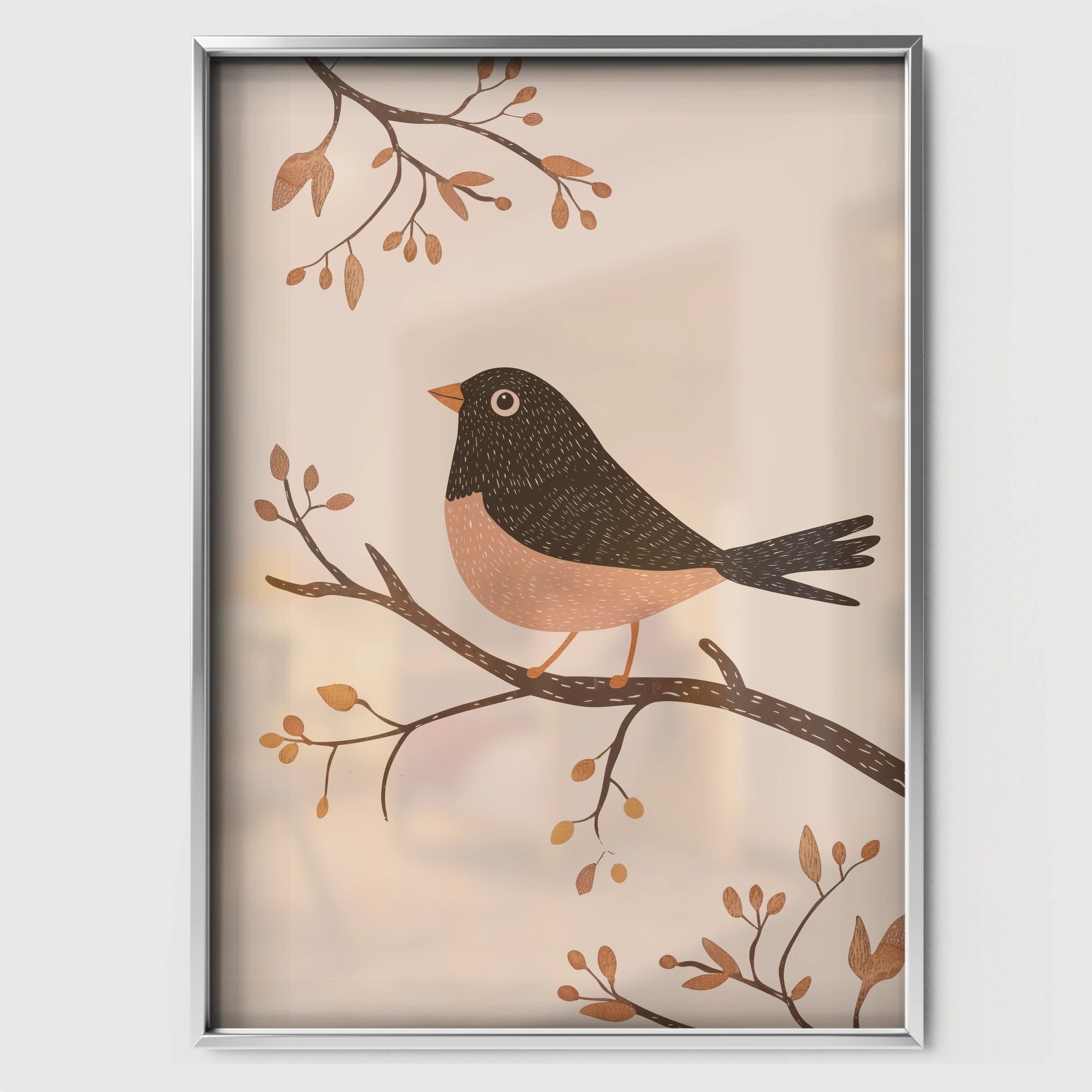 Robin on a Branch Nursery Print - white framed nursery wall art print