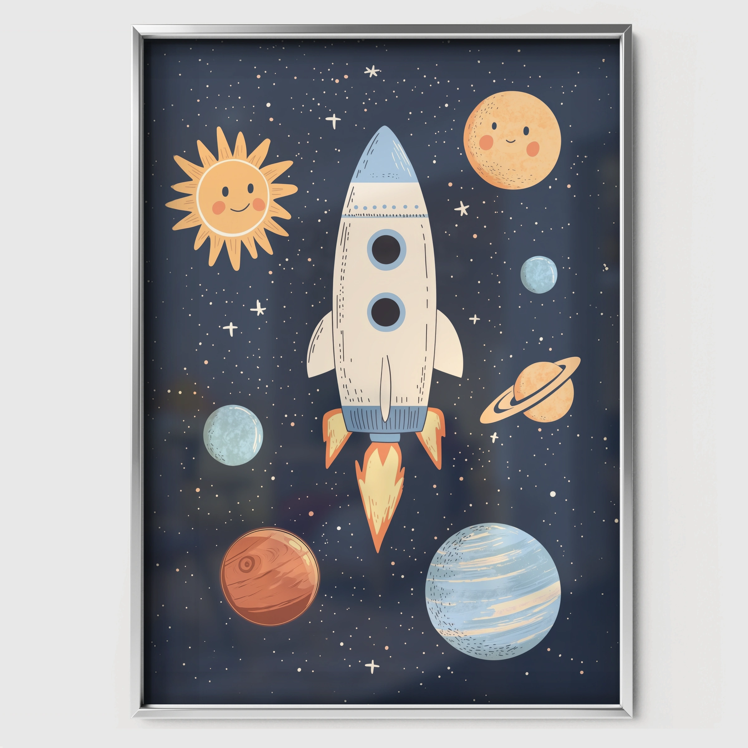 Rocket and Planets Nursery Print - white framed nursery wall art print