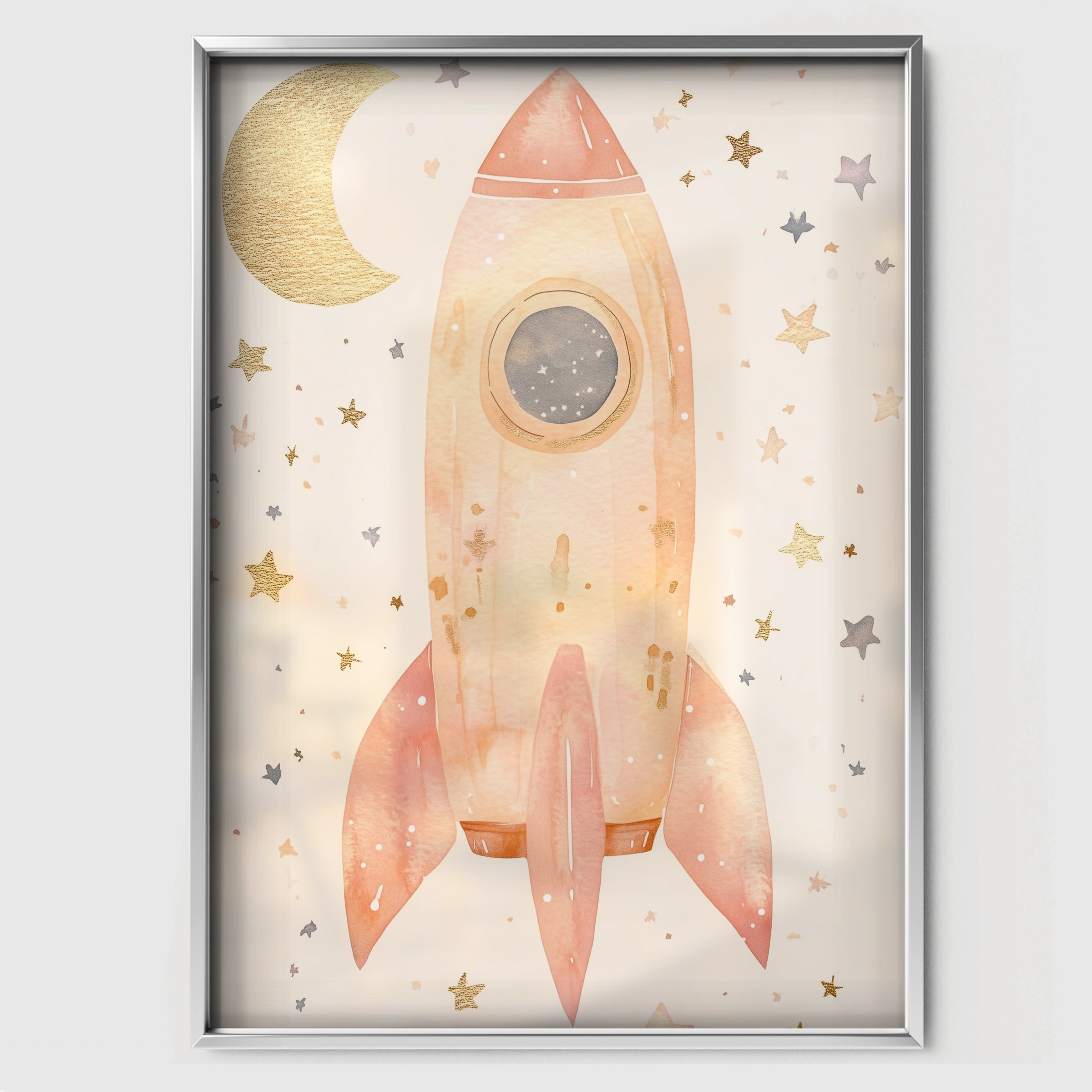 Rocket and Stars Nursery Print - white framed nursery wall art print