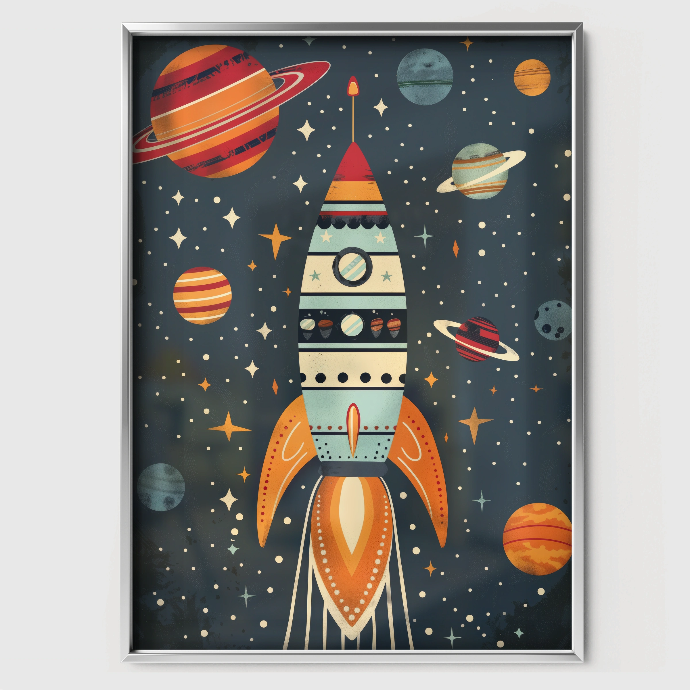 Rocket in Space Nursery Print - white framed nursery wall art print