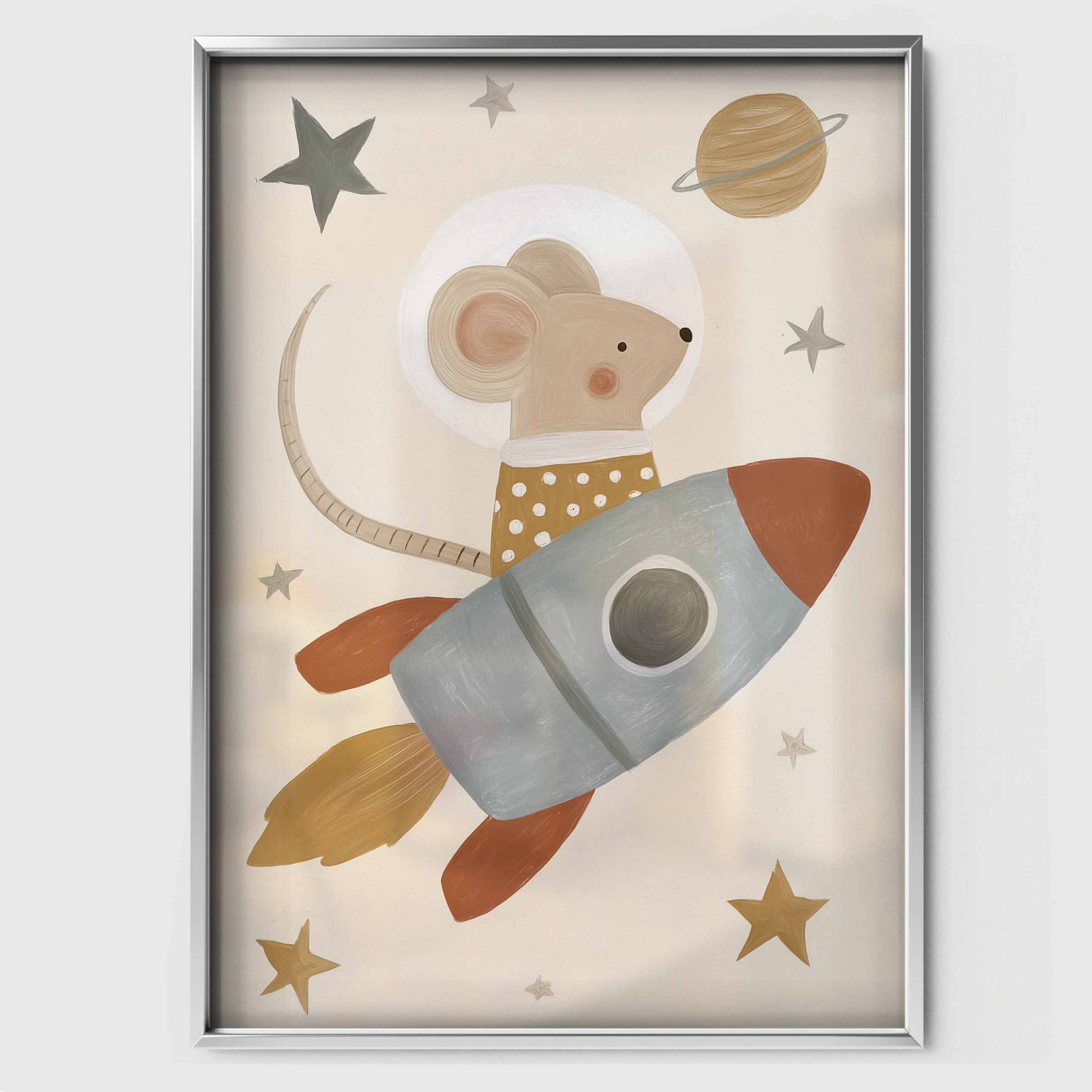 Rocket Mouse Nursery Print - white framed nursery wall art print