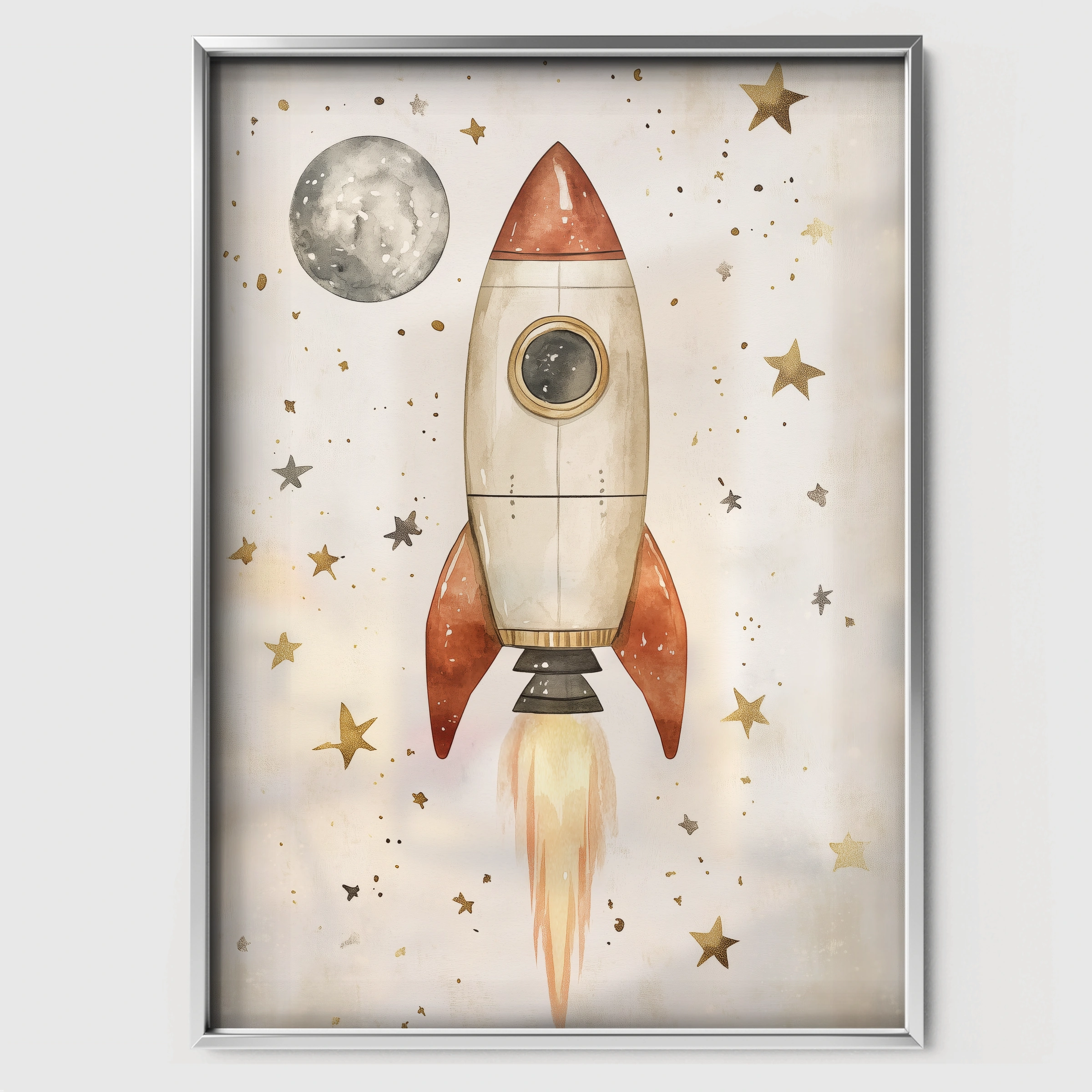 Rocket to the Moon Nursery Print - white framed nursery wall art print