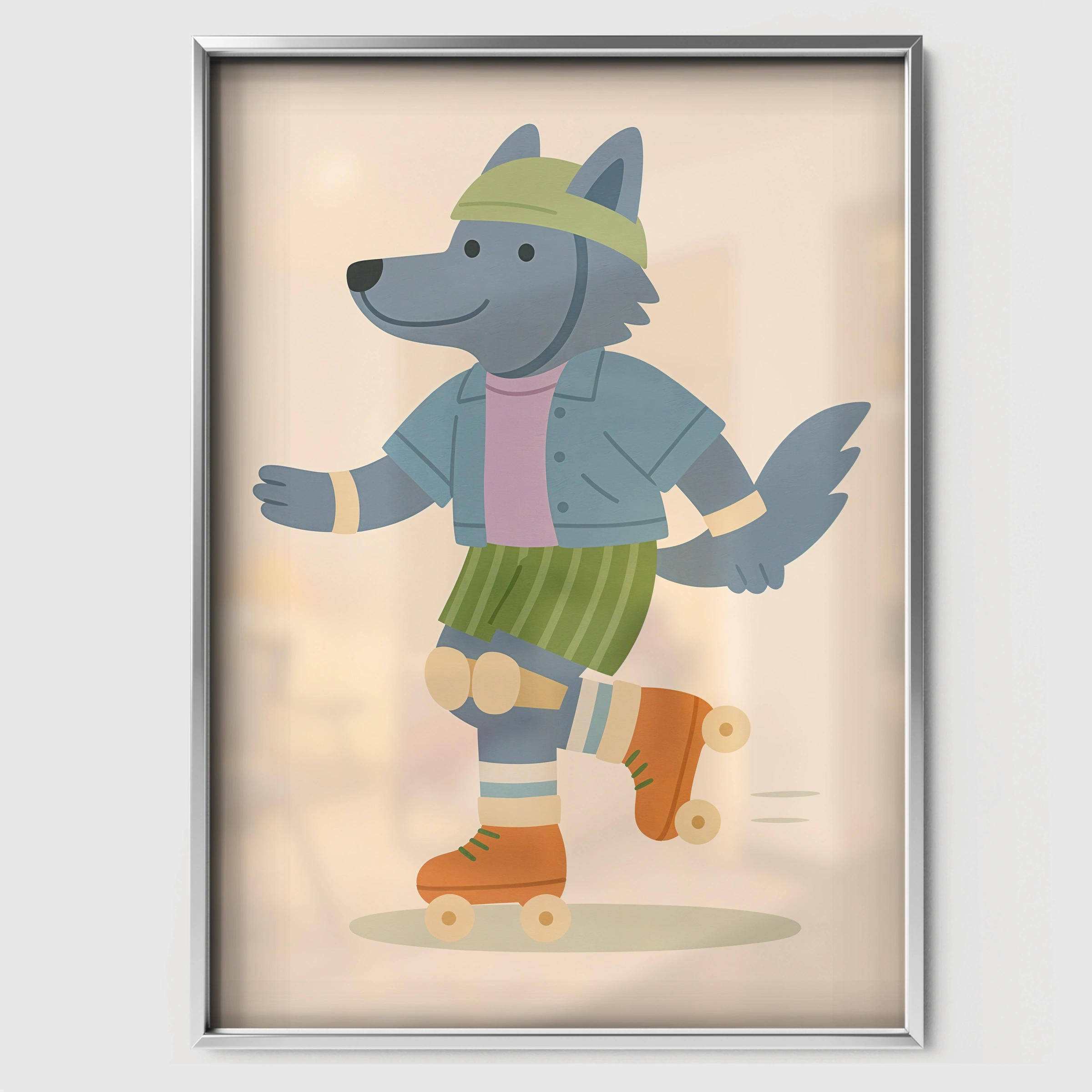 Roller Skating Wolf Nursery Print - white framed nursery wall art print