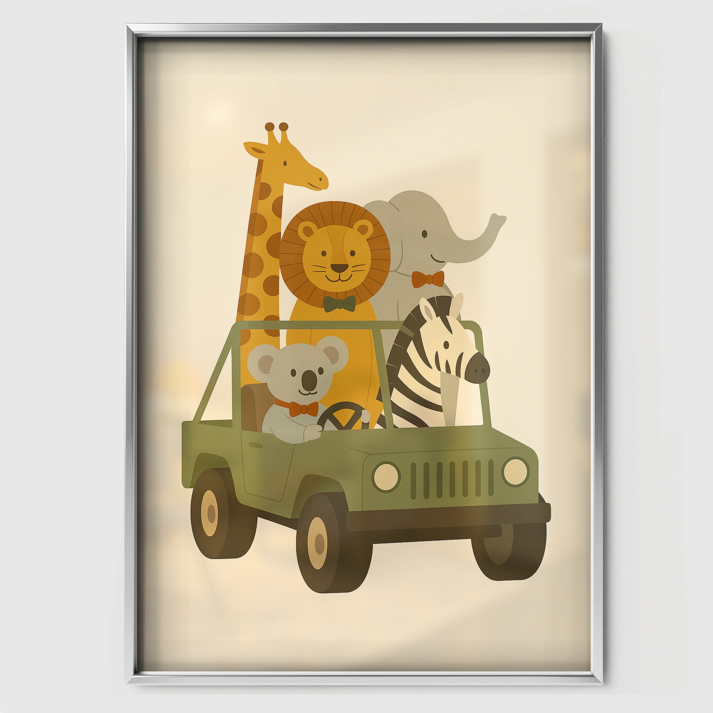 Safari Animals in a Jeep Nursery Print - white framed nursery wall art print