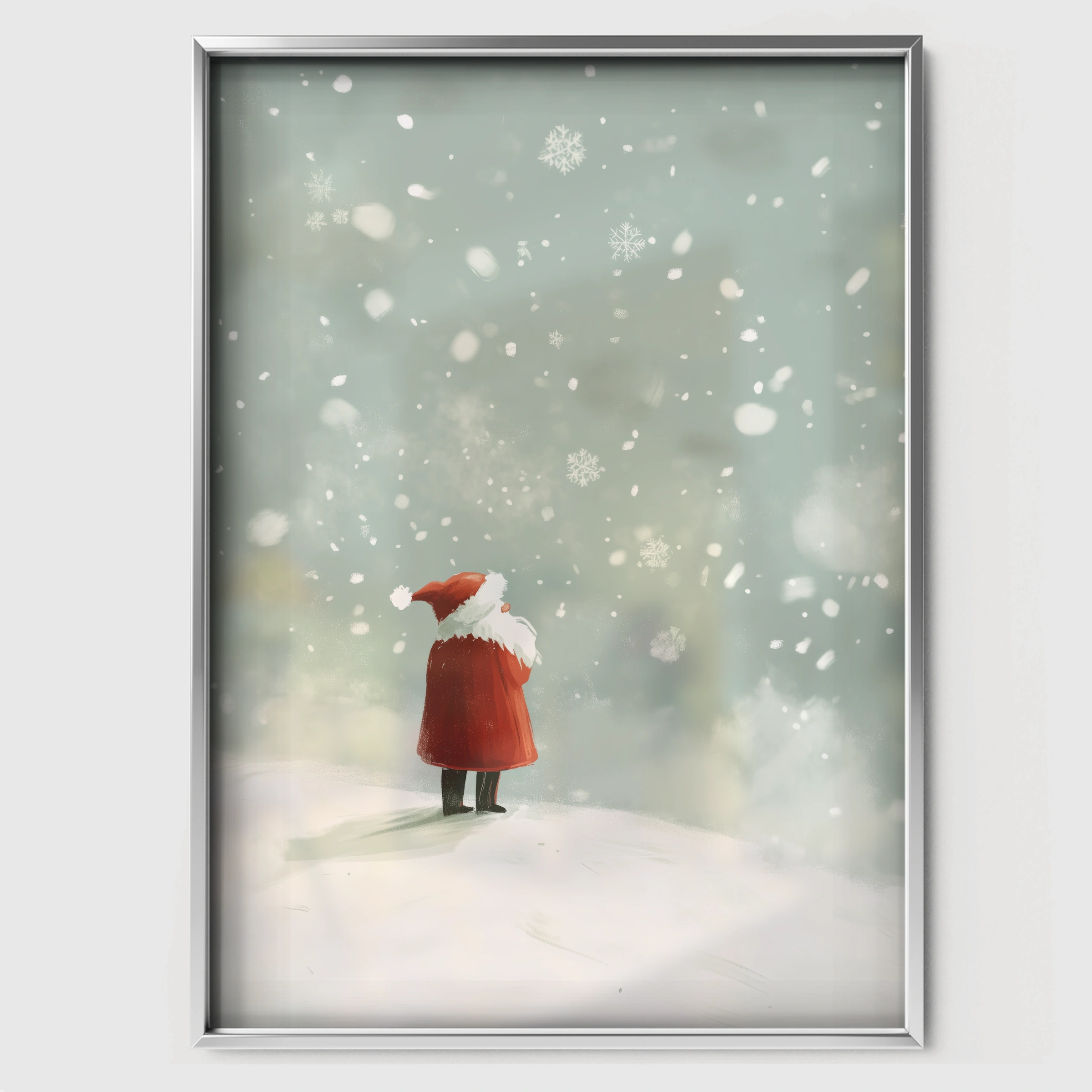 Santa in the Snow Christmas Print - white framed nursery wall art print