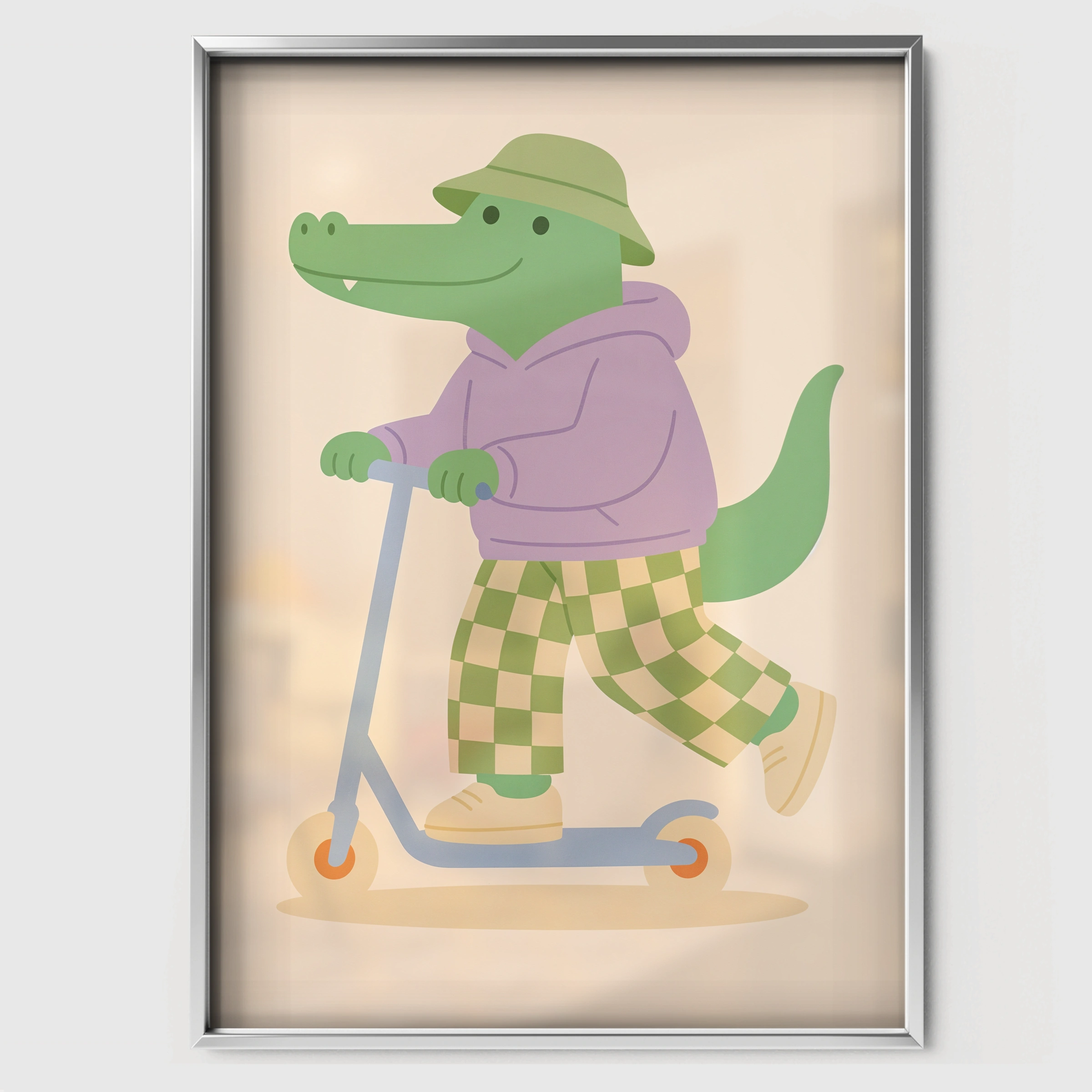 Scooter Crocodile Nursery Print - white framed nursery wall art print