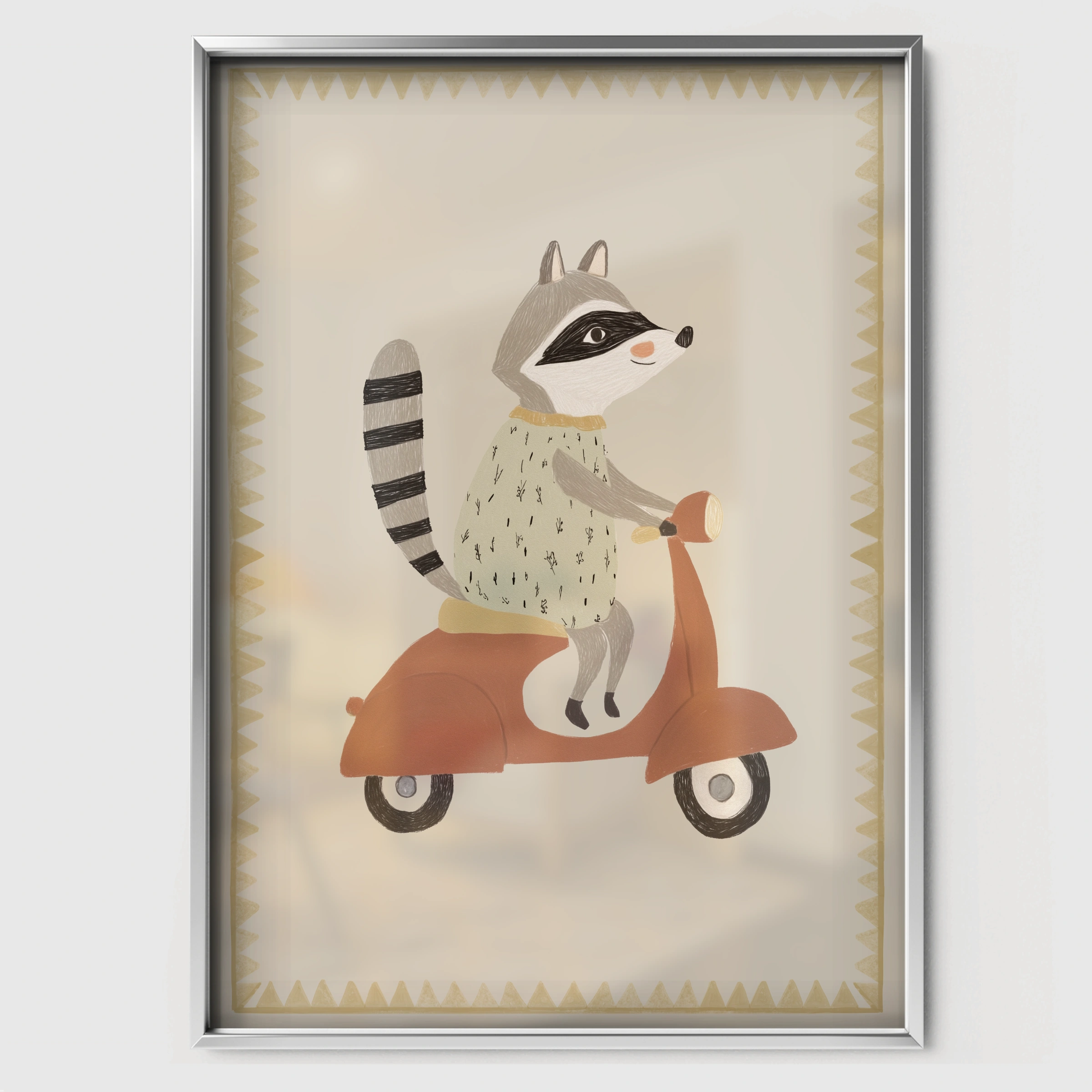 Scooter Raccoon Nursery Print - white framed nursery wall art print