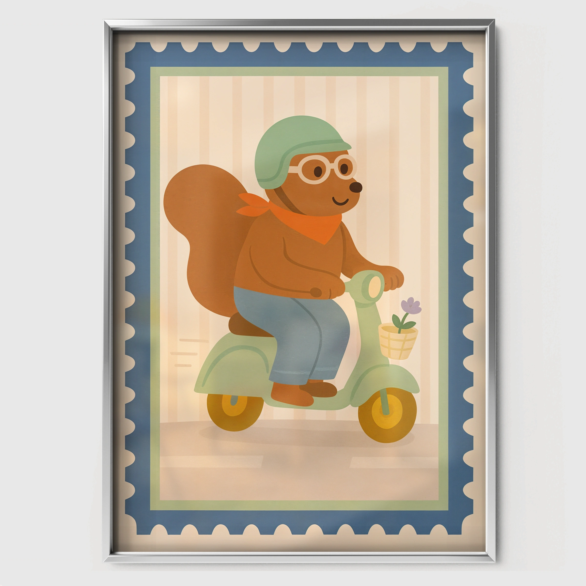 Scooter Squirrel Nursery Print - white framed nursery wall art print