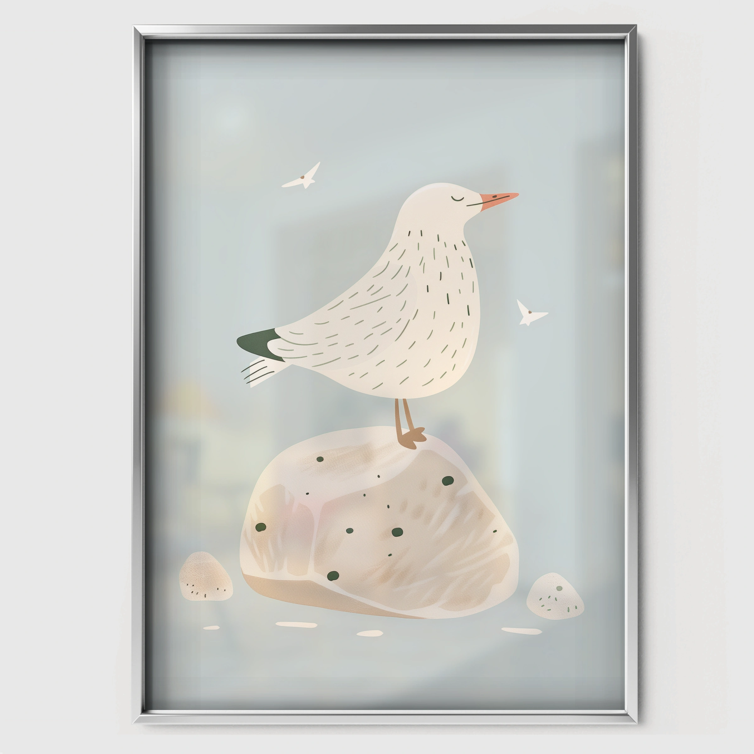 Seaside Gulls Nursery Print - white framed nursery wall art print